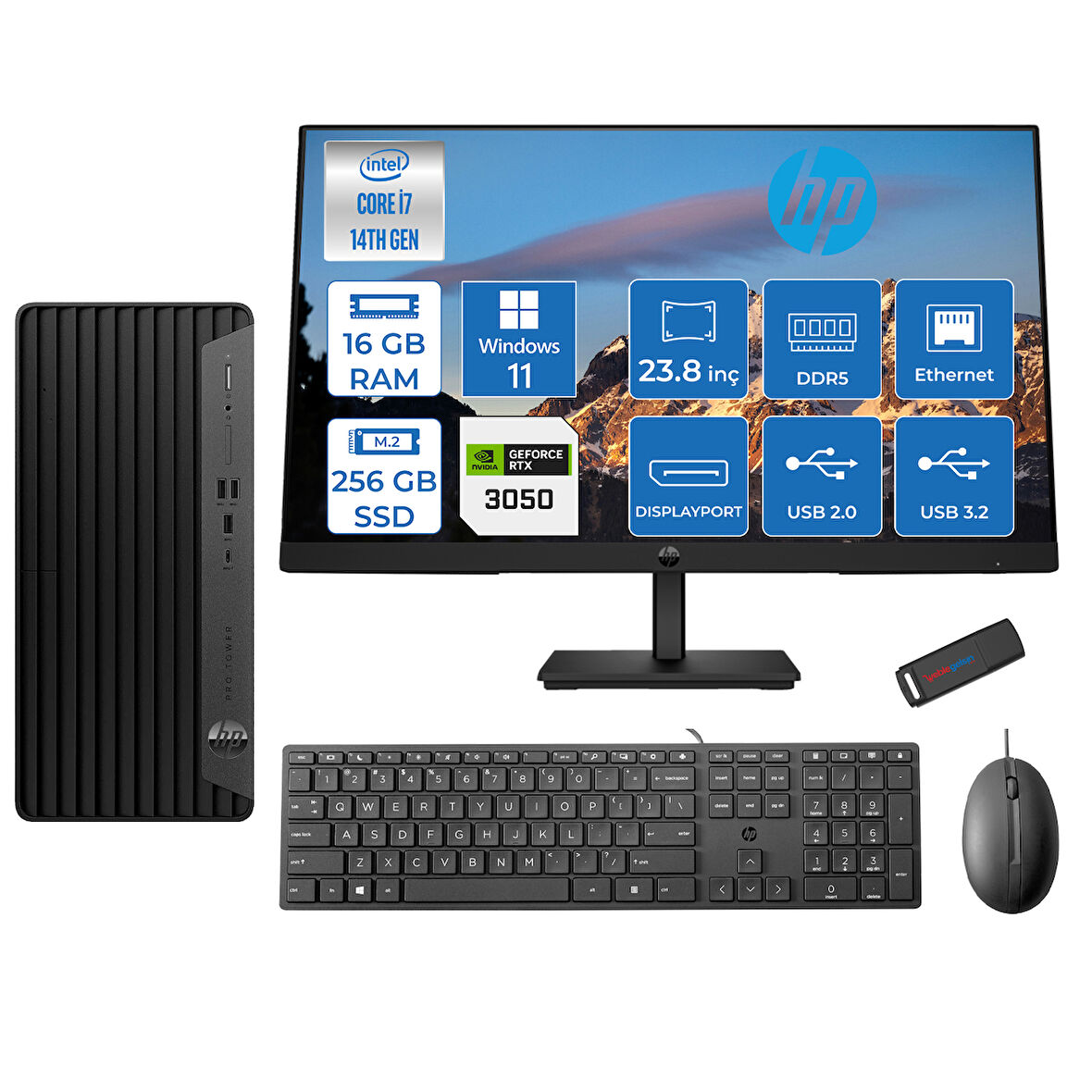 Hp Pro Tower 400 G9 Intel Core I7 14700 16GB Ddr5 256GB SSD 23.8" Fhd Windows 11 Pro Nvidia RTX3050-6GB Masaüstü Bilgisayar 235V5M2ESRTX3050P06 + Zetta USB Bellek