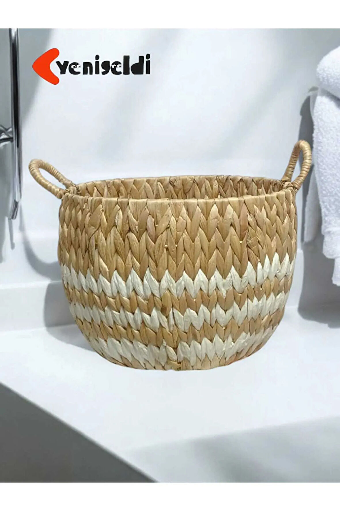 1 Adet Doğal Hasır Sepet (23CM*36CM*TABAN 24 CM) Beyaz Çizgili Yen240014k