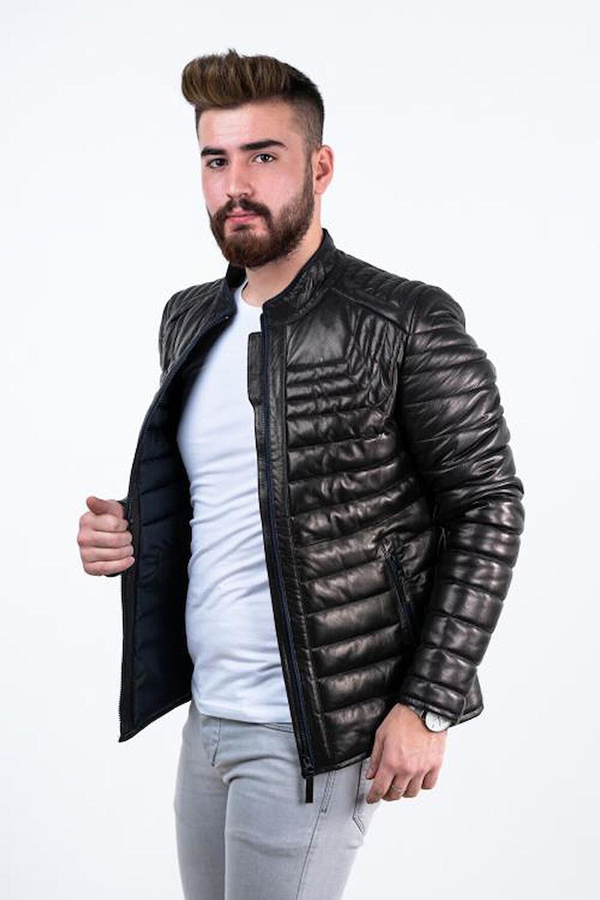 Siyah Şişme Erkek Deri Mont