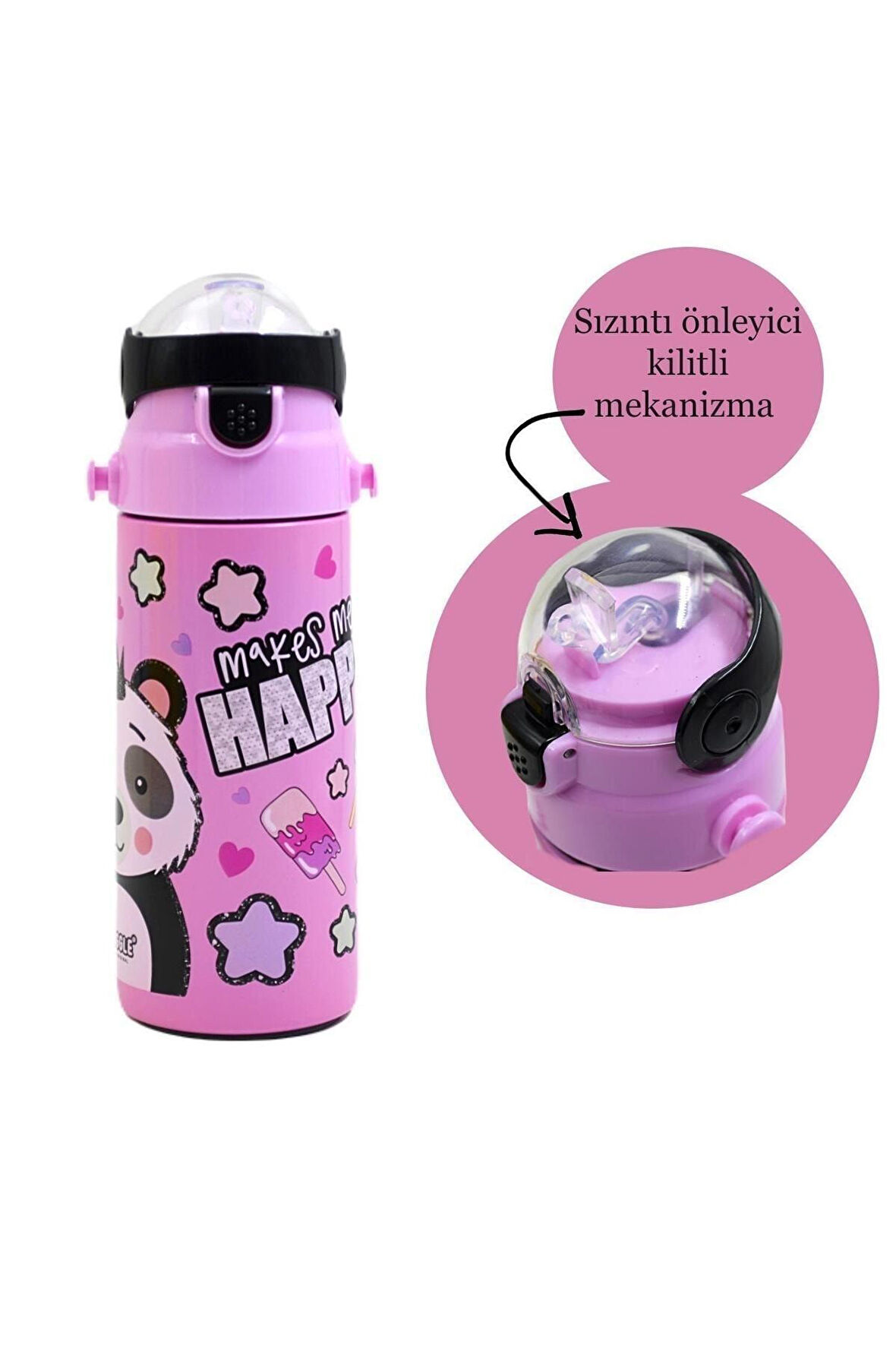 Panda Pipetli Çelik Pembe Çocuk Matara 550ml Mt2348