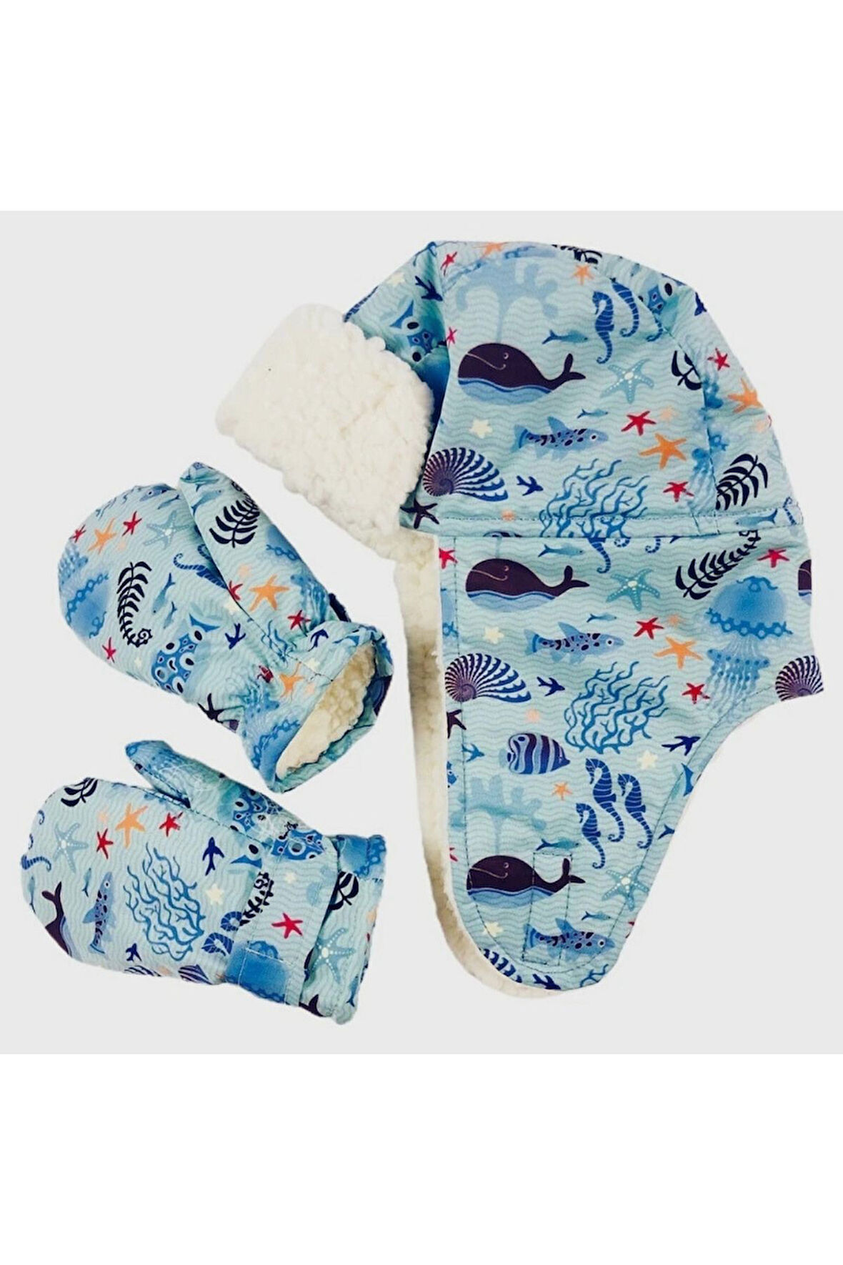 Petityu Su Geçirmez Kız Çocuk Bere Eldiven Set 2-4 Yaş Kayak Snowboard Mavi Deniz Canlıları