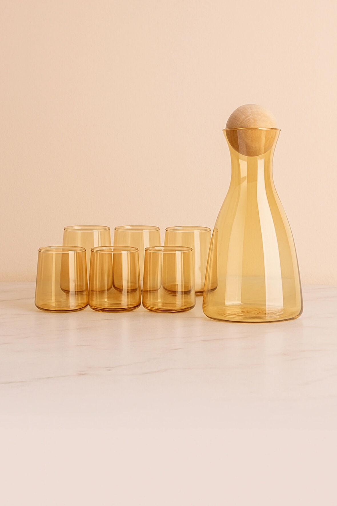 Lüks Amber Renk Borosilikat Cam Karaf Seti 6'lı Su Bardağı ile - Ev Dekorasyonu ve Sunum