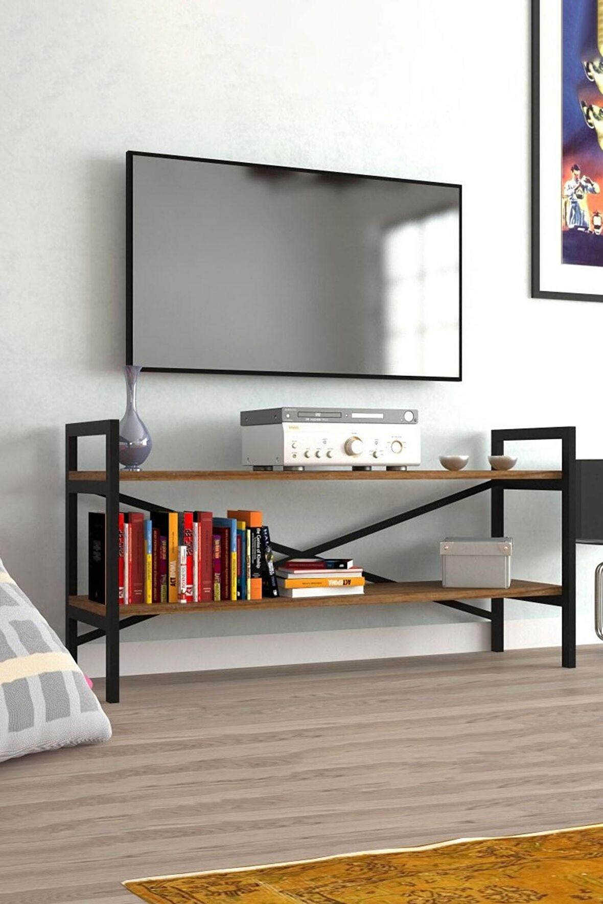 Metal Tv Sehpası 2 Raflı Tv Ünitesi Dekoratif Lcd Televizyon Sehpası Ceviz