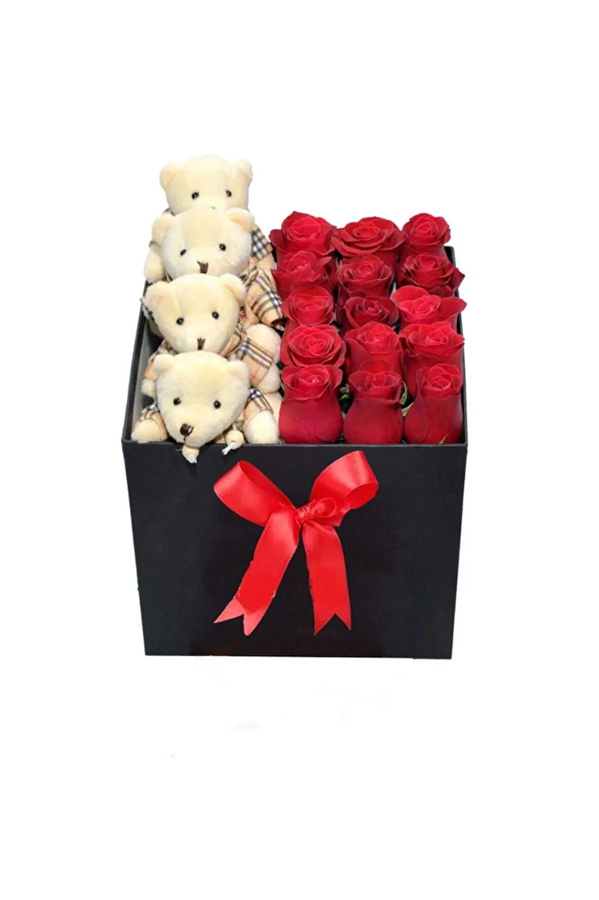 Siyah Kare Kutuda Gerçek Görünümlü Yapay Kadife Güller Ve Peluş Ayıcıklar