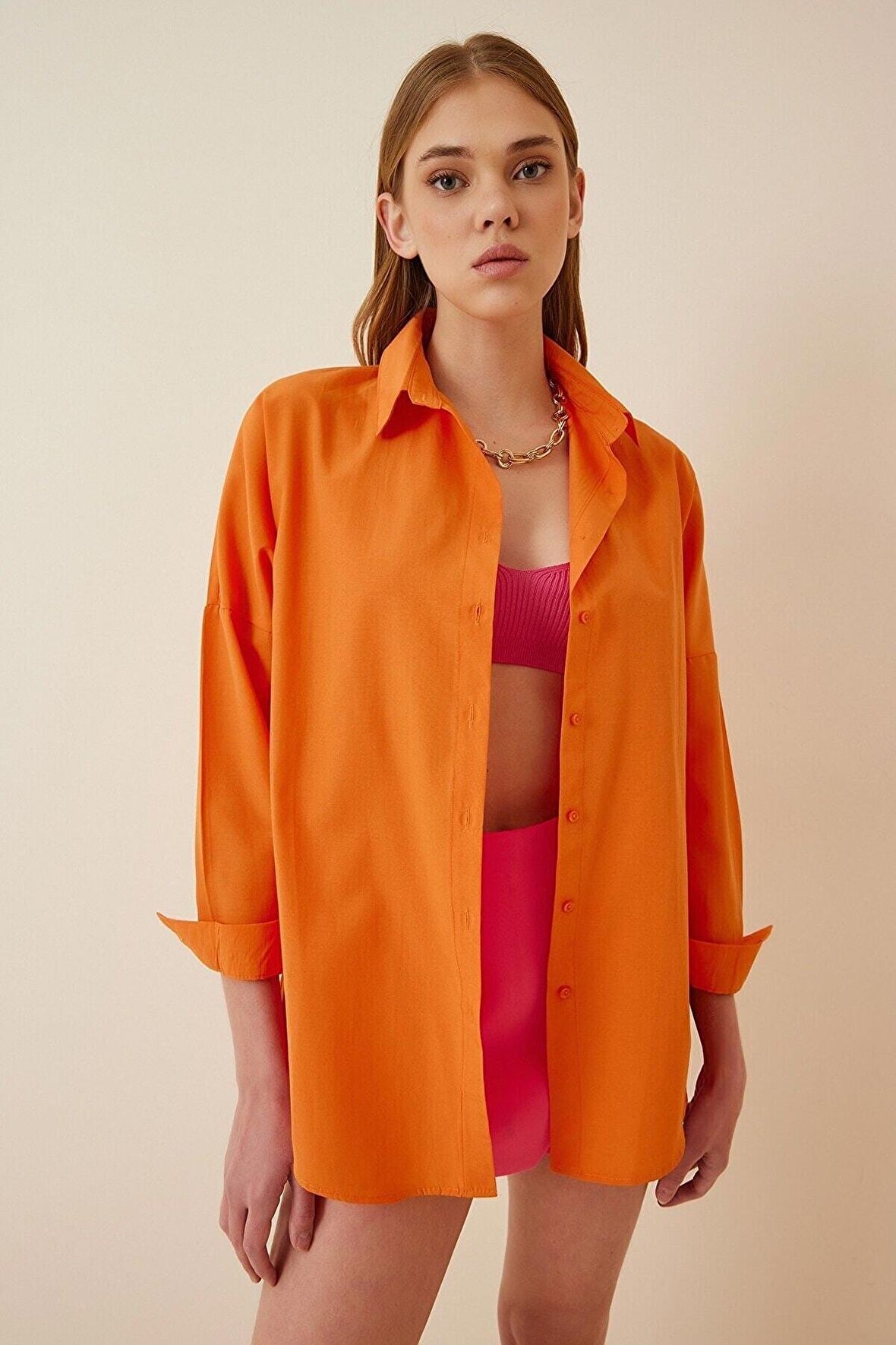 Kadın Oranj Oversize Uzun Basic Gömlek HZL22W-BD139001