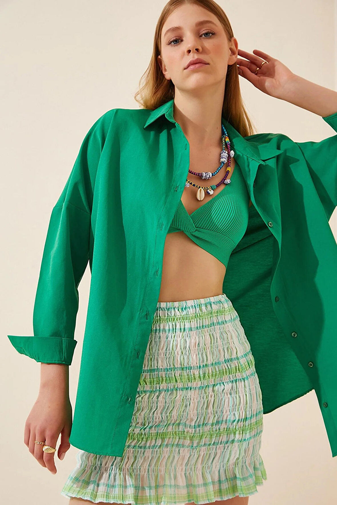 Kadın Koyu Yeşil Oversize Uzun Basic Gömlek  HZL22W-BD139001