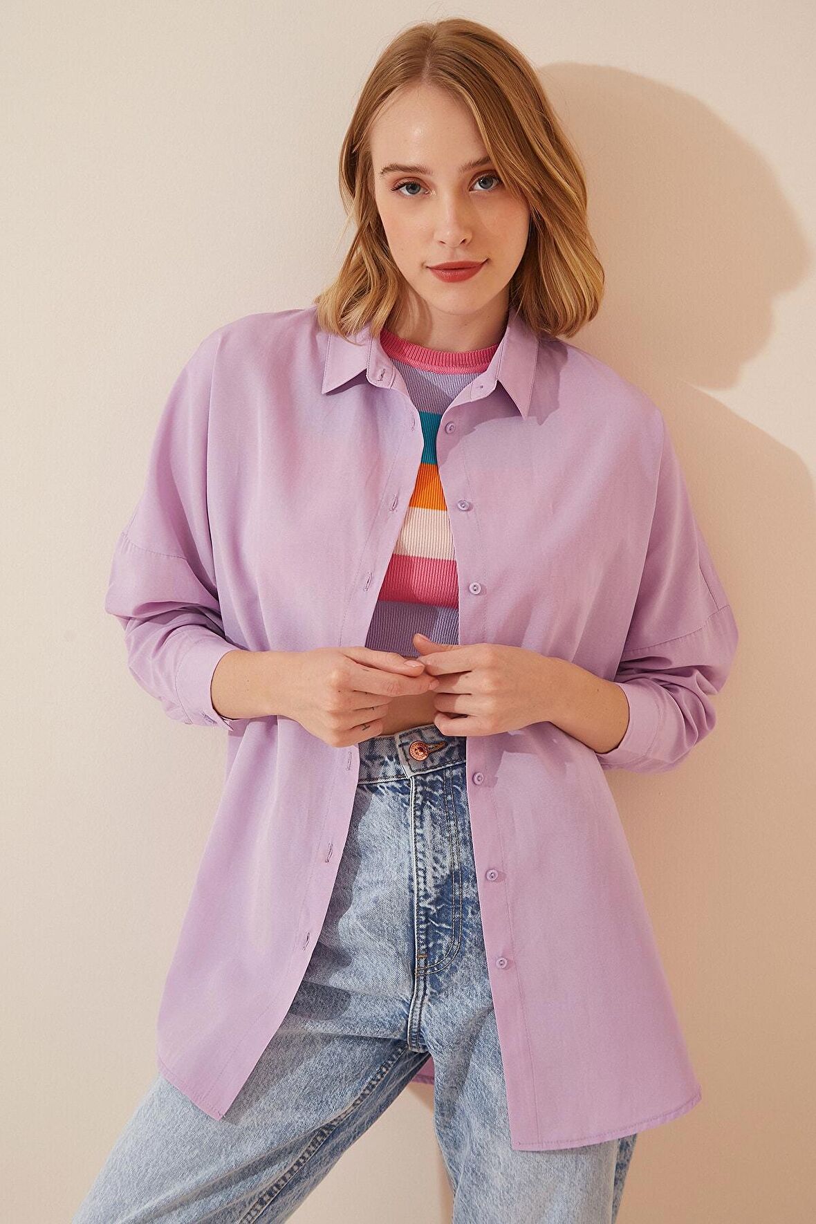 Kadın Açık Lila Oversize Uzun Basic Gömlek  HZL22W-BD139001