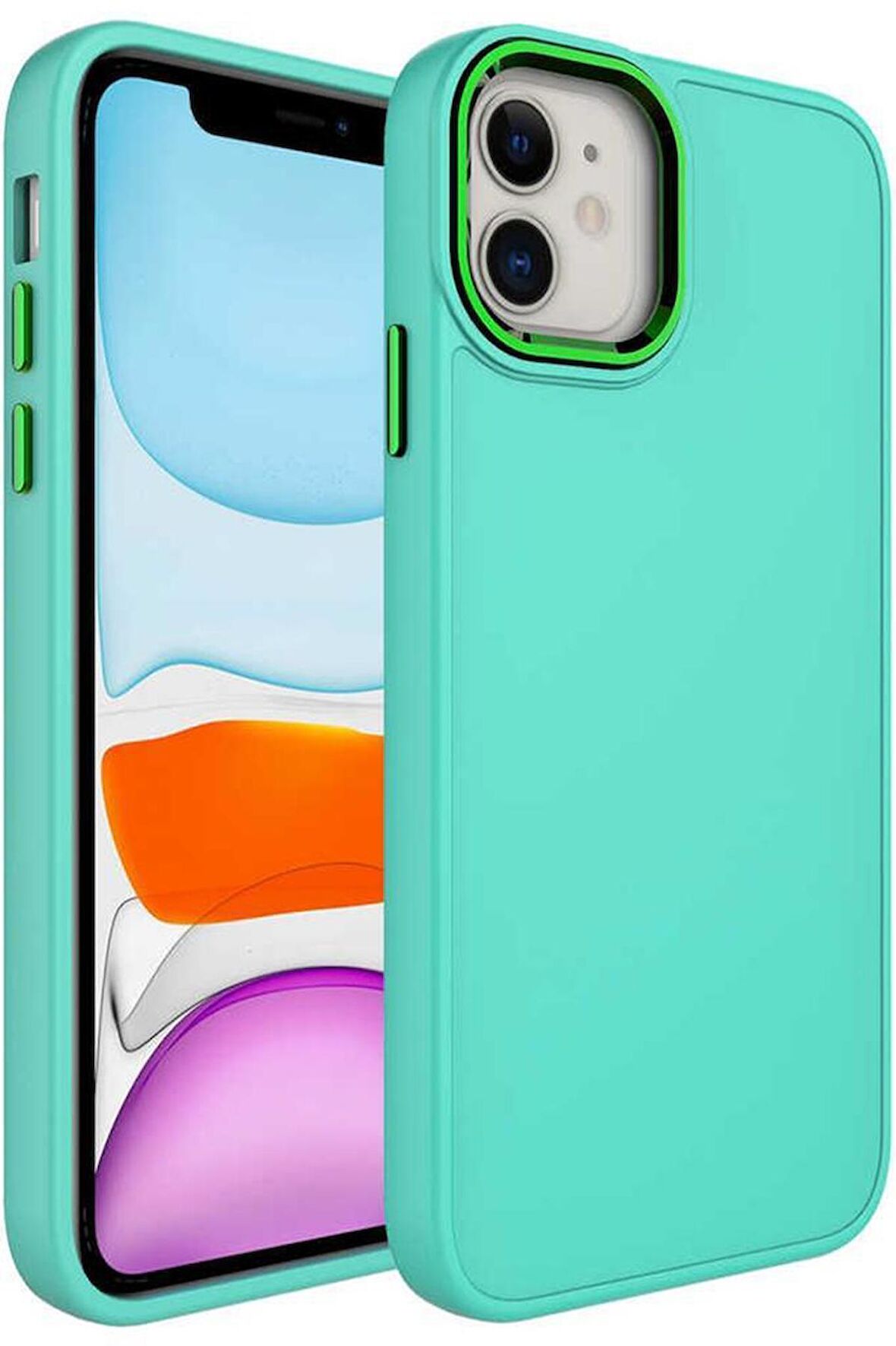 iPhone 11 Kılıf Renkli Tasarım Metal Buton ve Kamera Çıkıntılı