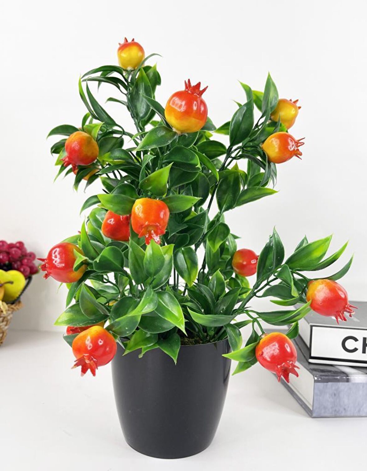 Yapay Çiçek Nar Ağacı Siyah Saksıda Nar 30cm 