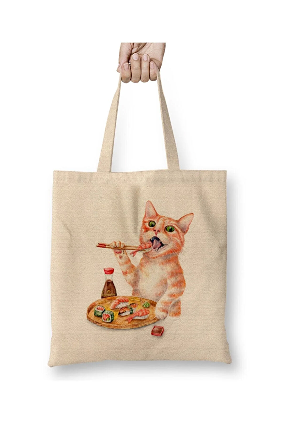 Sushi Cat Kedi Sevimli Beyaz Bez Çanta Uzun Saplı Alışveriş Çantası Plaj Çantası