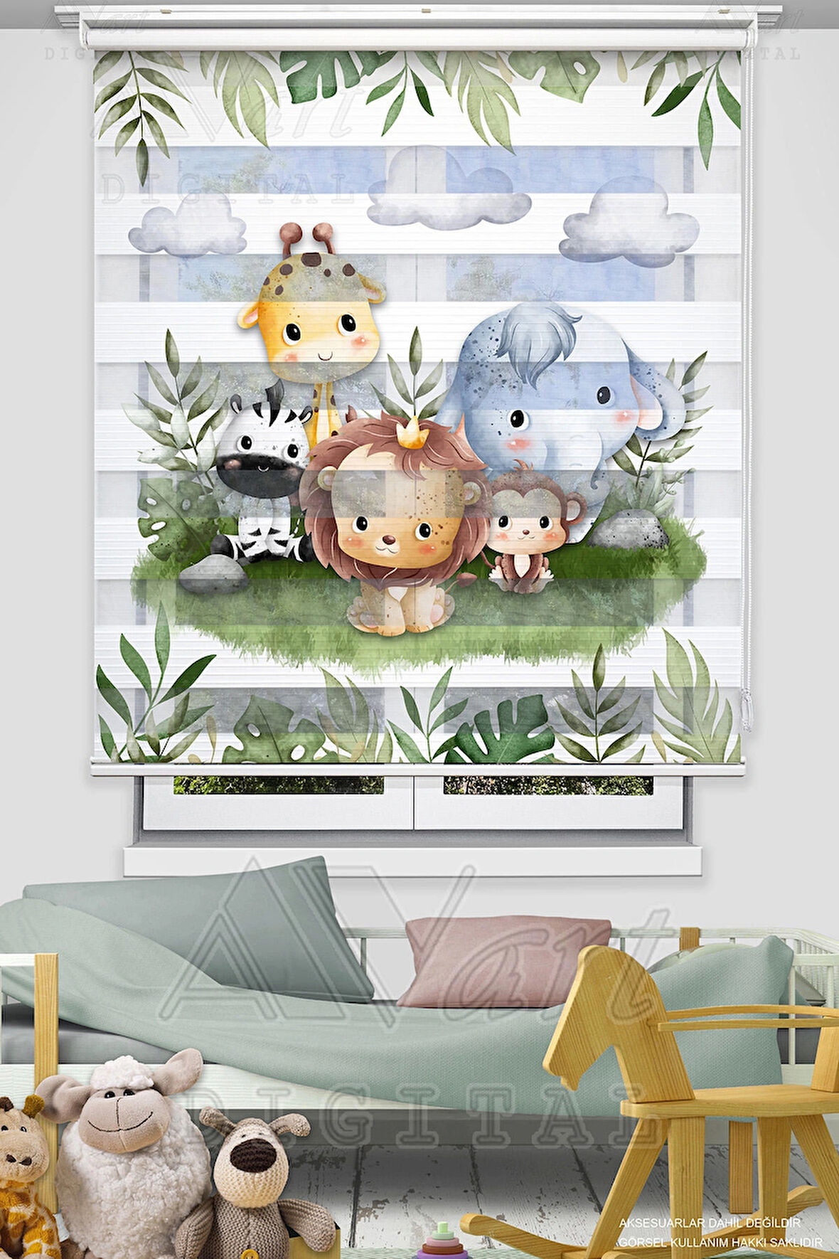 Safari Sevimli Hayvanlar Baskılı Zebra Stor Perde - Çocuk Odası Perdesi - Animals