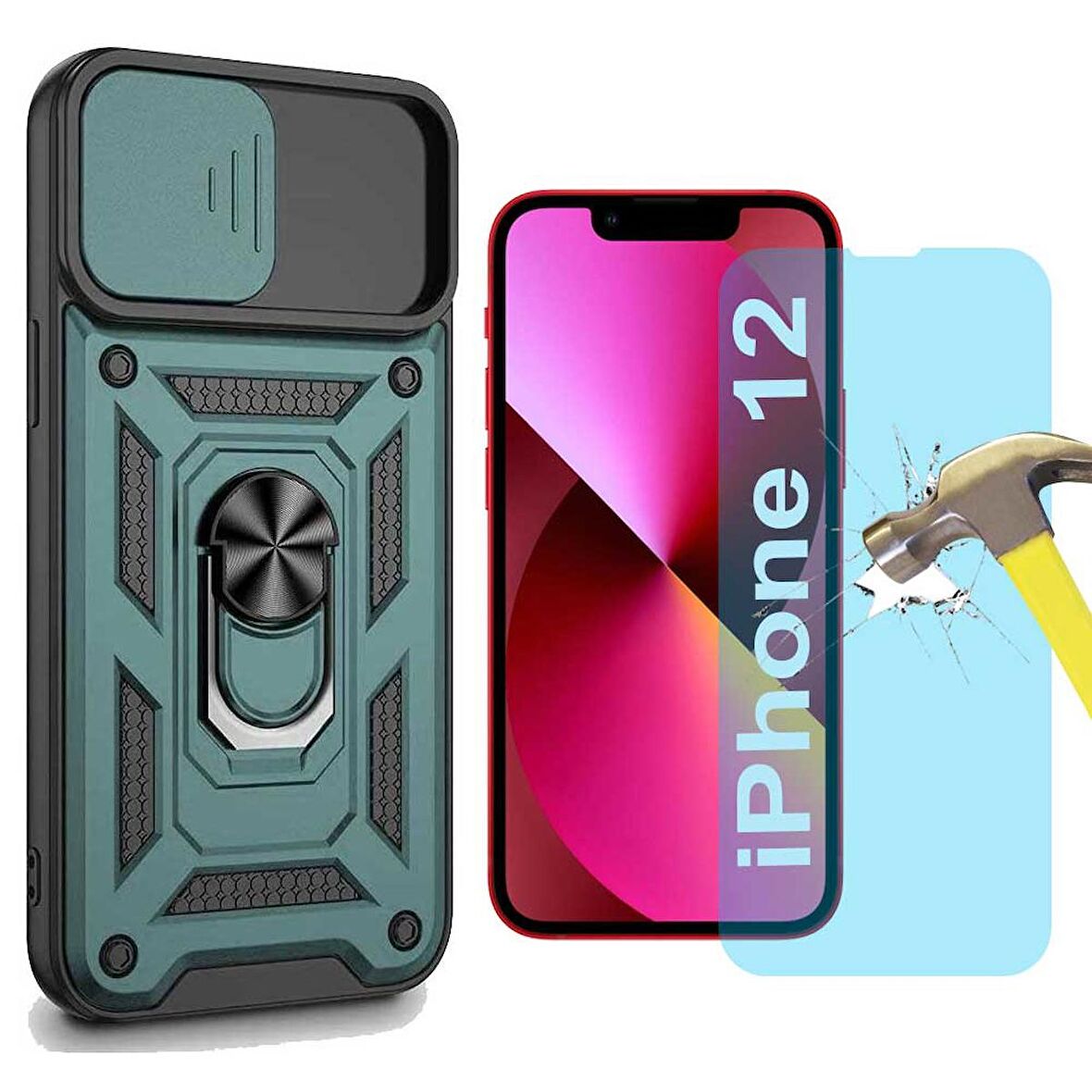 Apple iPhone 12 Uyumlu Koruma Seti Tank Kılıf ve Nano Cam Set