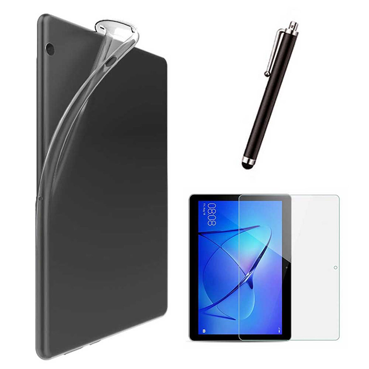 Huawei MediaPad T5 10,1 inç Uyumlu Şeffaf Kılıf Cam Kalem Set