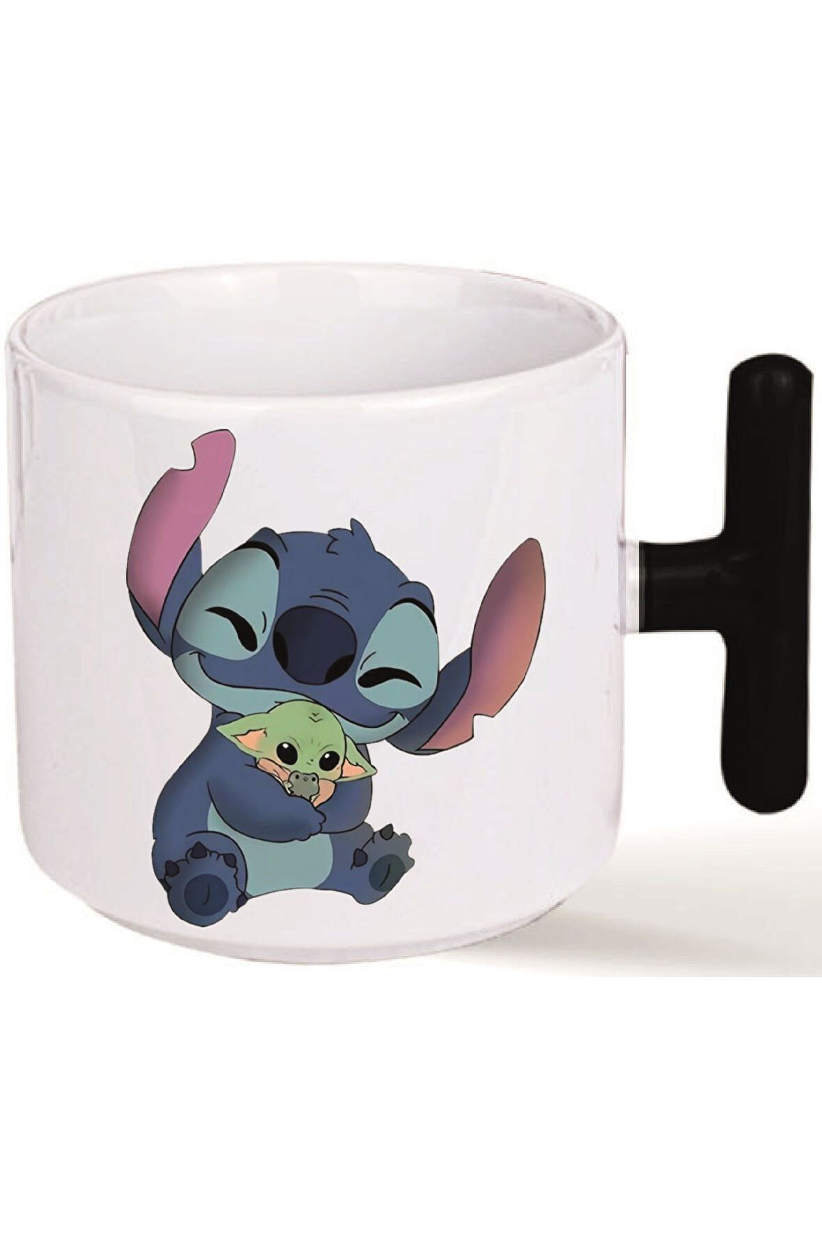 Kişiye Özel Stitch With Baby Yoda Kalp Kulplu Özel Süblimasyon Baskılı Porselen Kupa Bardak Siyah T