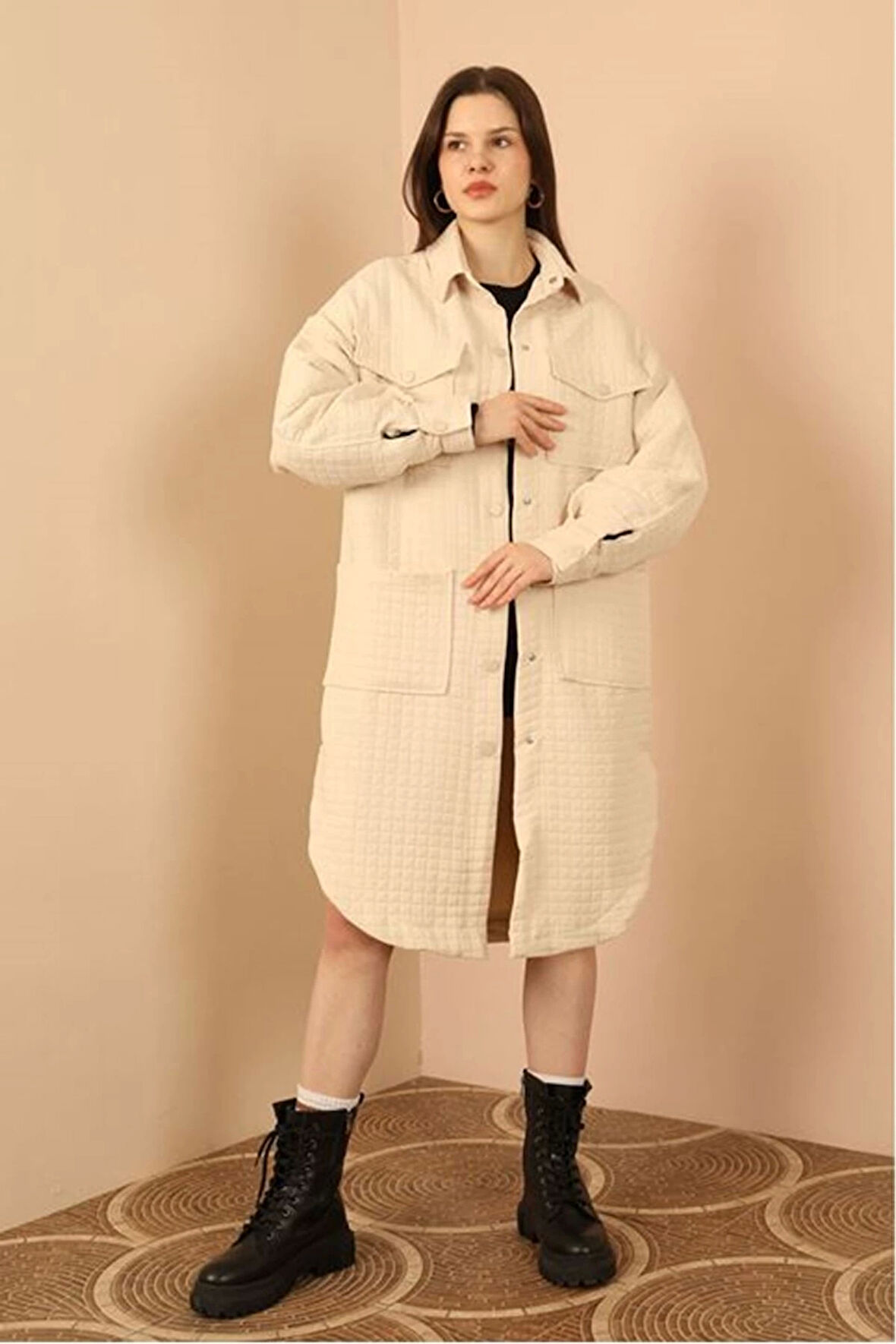 Jakar Kumaş Küçük Pitikare Oversize Uzun Gömlek-Taş