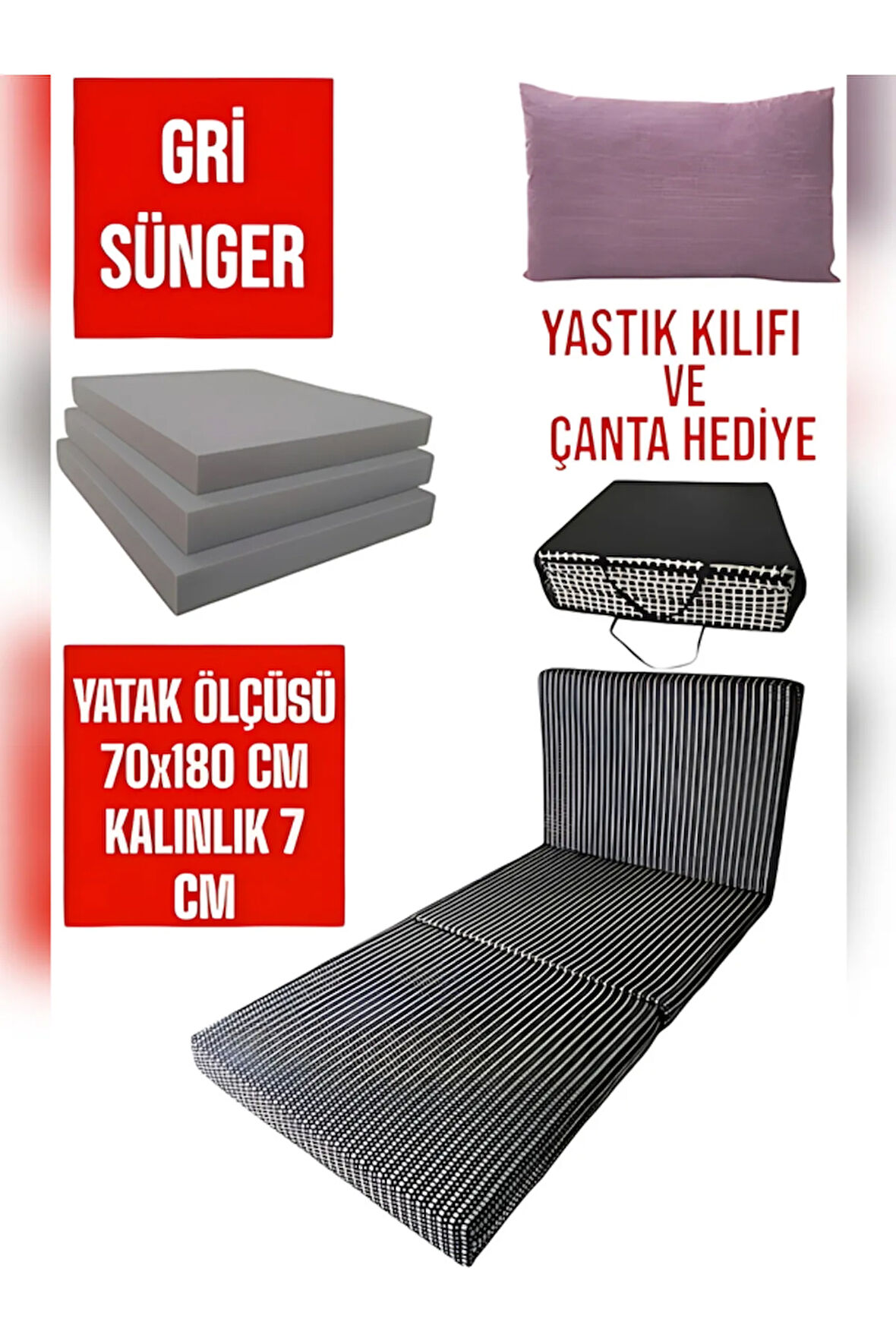 Çok Amaçlı Minder Yatak - Sünger Yer Yatağı (70x180cm kalınlık 7cm) Akustik Küçük Siyah
