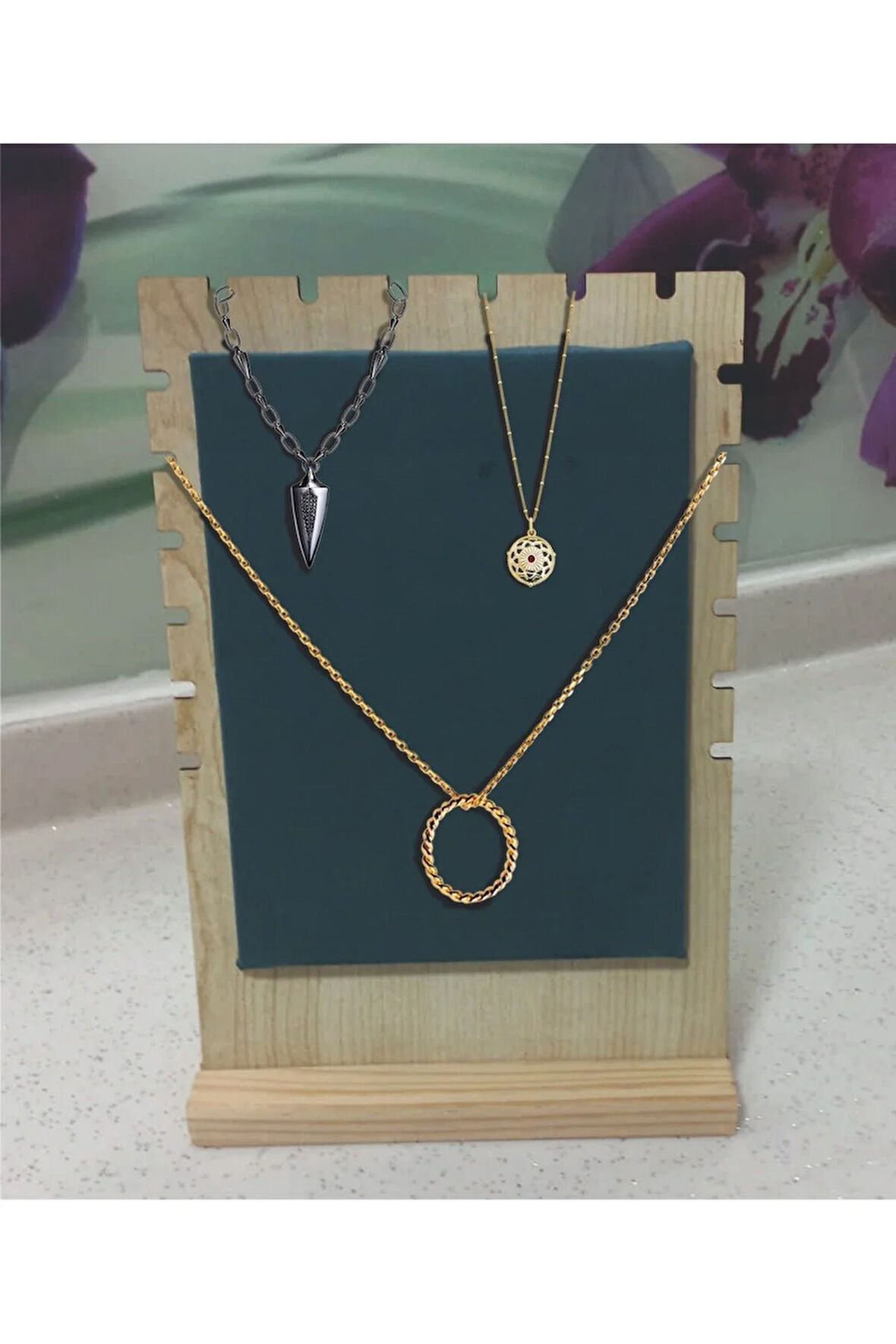 Ahşap Takı Teşhir Standı Çoklu Kolye Vitrin Sergileme Standı Dikey Orta boy