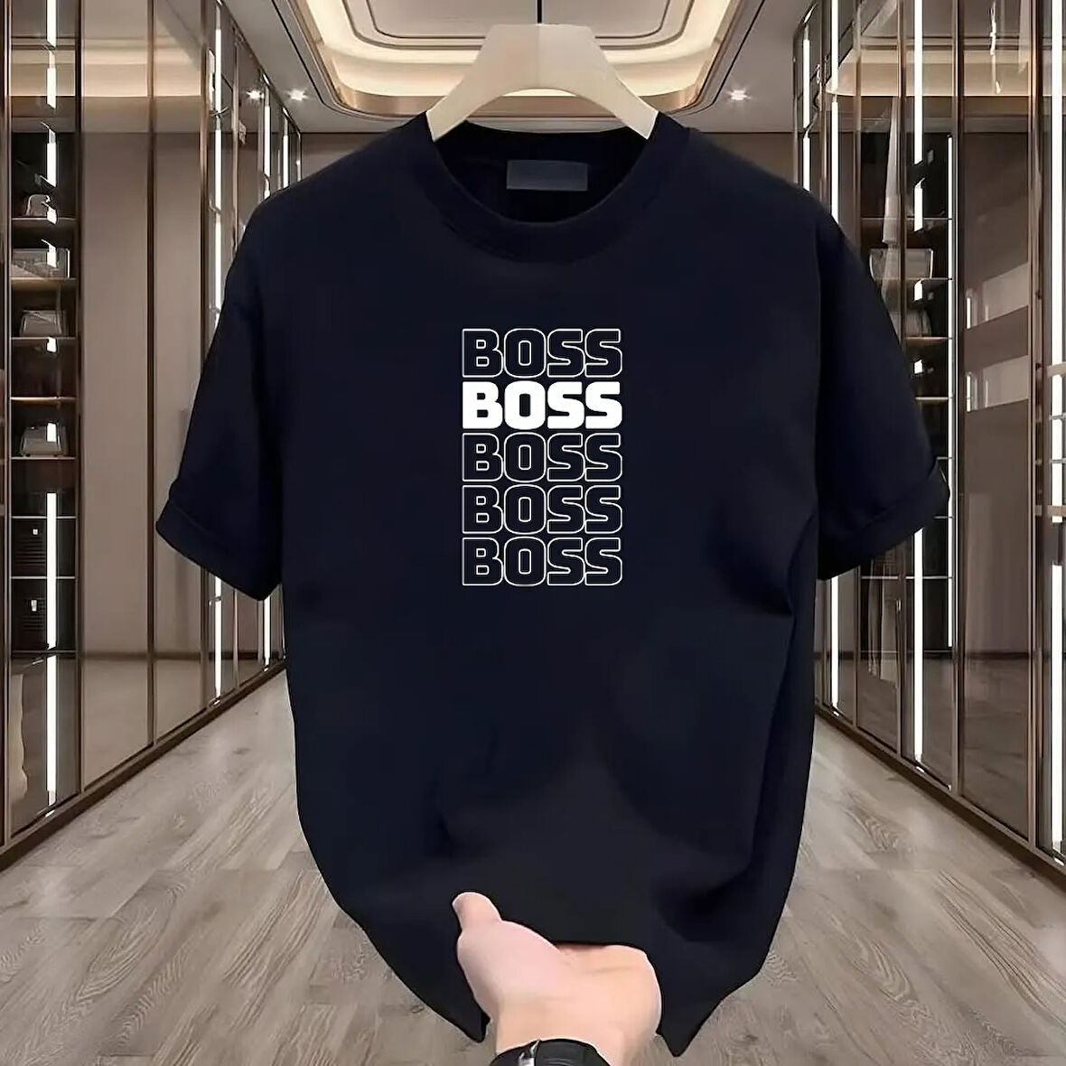 Boss Baskılı Siyah Oversize Erkek Tshirt