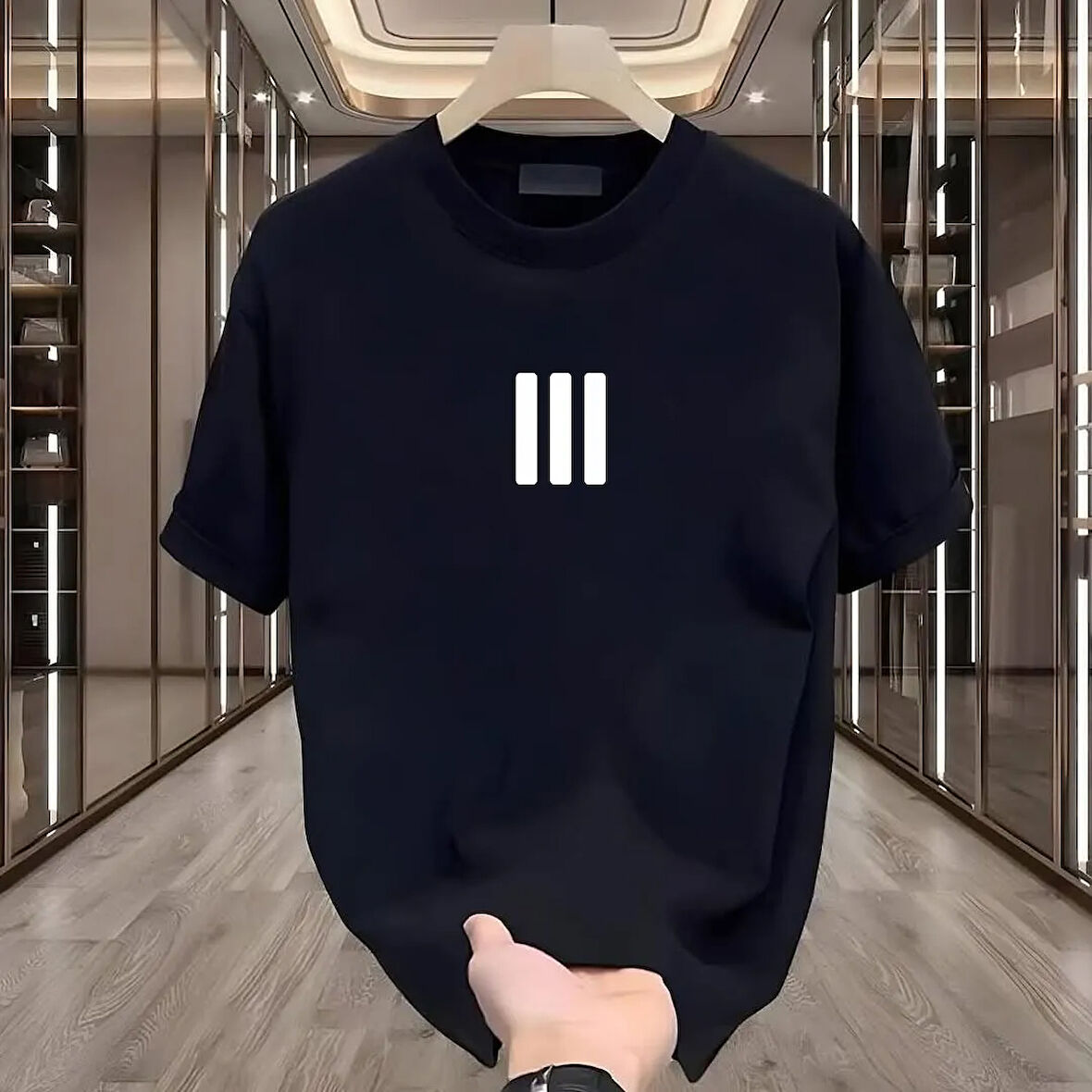 3 Çizgi Baskılı Siyah Oversize Erkek Tshirt