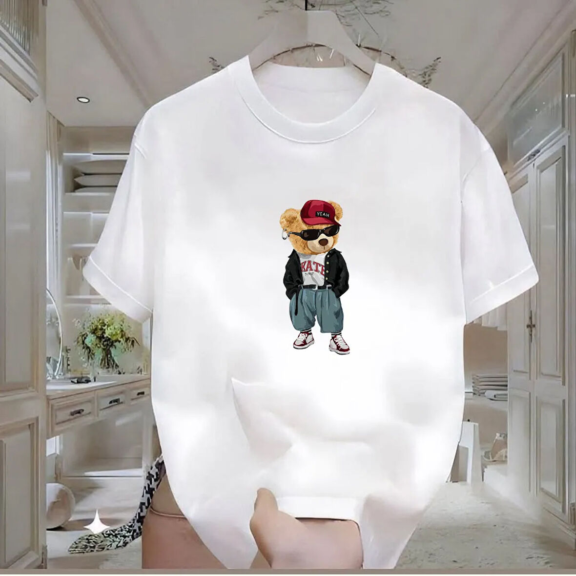 Skate Bear Baskılı Beyaz Oversize Erkek Tshirt