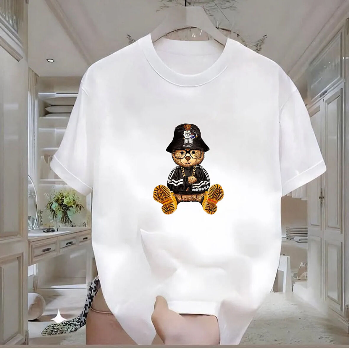 Bear Baskılı Beyaz Oversize Erkek Tshirt