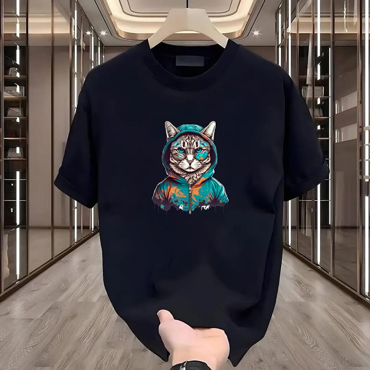 Şapkalı Kedi Baskılı Siyah Oversize Erkek Tshirt