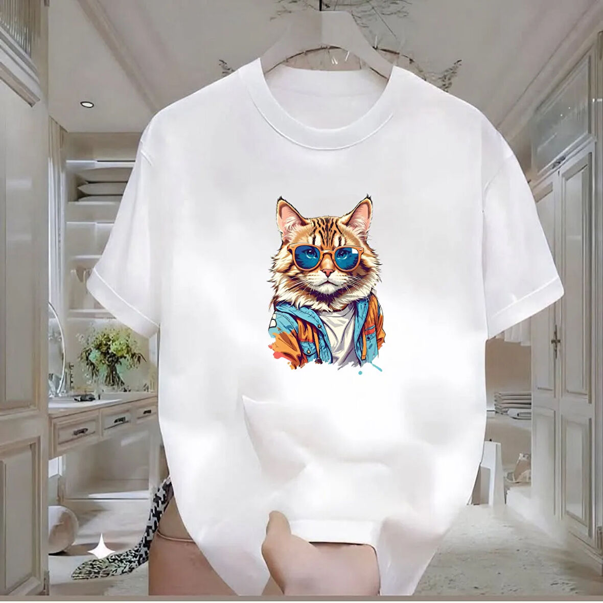 Cool Kedi Baskılı Beyaz Oversize Erkek Tshirt
