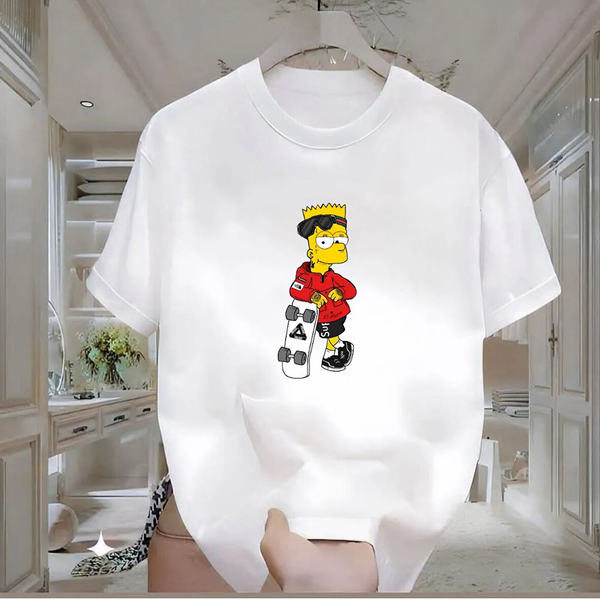 Simpson Baskılı Beyaz Oversize Erkek Tshirt