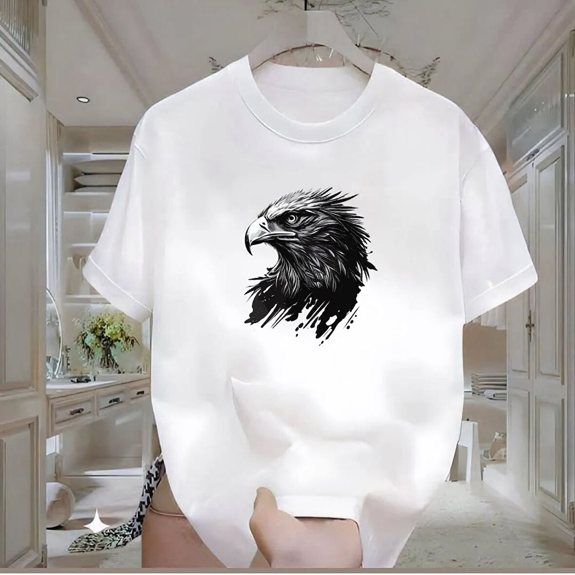 Kartal Baskılı Beyaz Oversize Erkek Tshirt