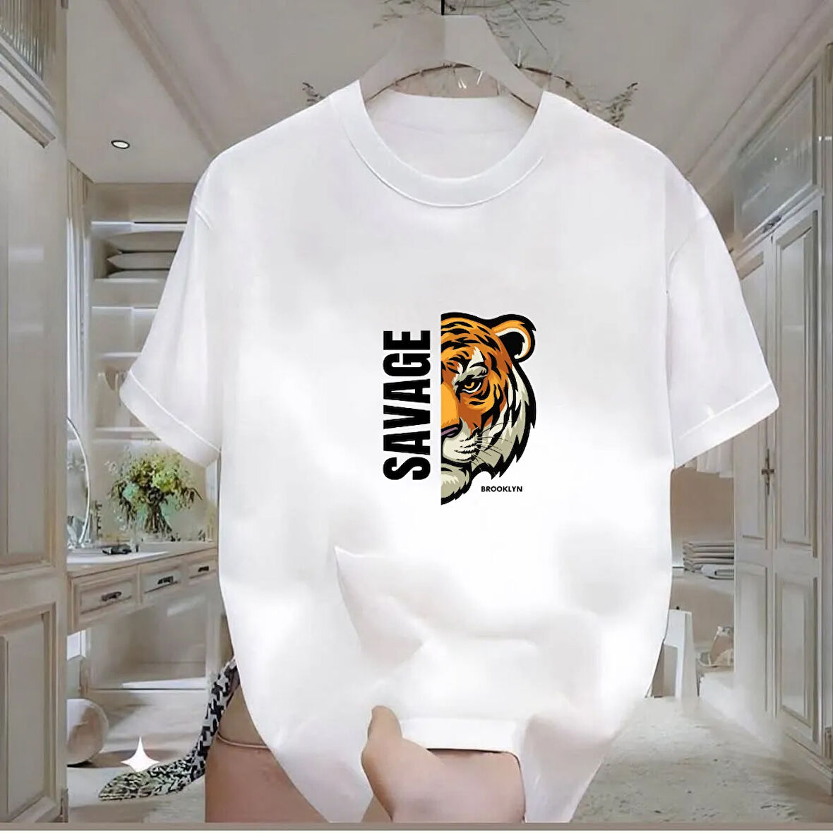 Savage Baskılı Beyaz Oversize Erkek Tshirt