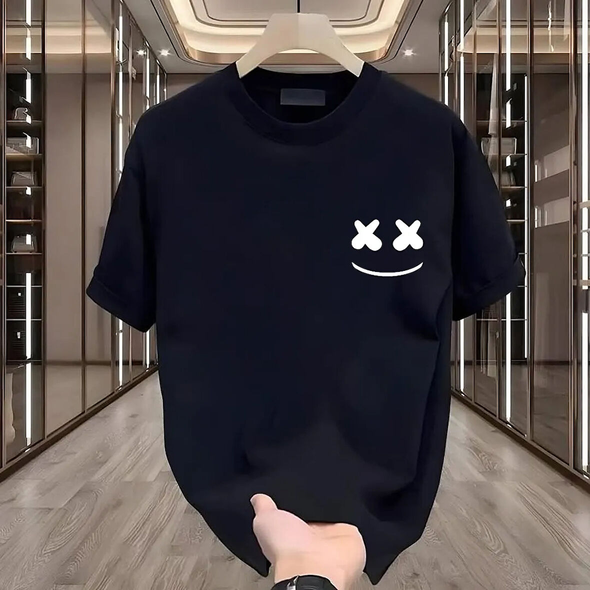 Smile Baskılı Siyah Oversize Erkek Tshirt