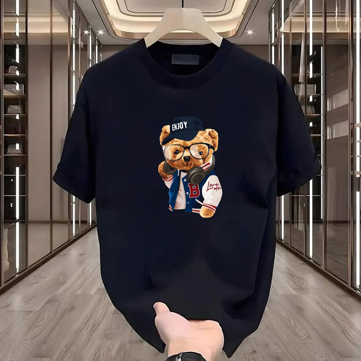 Enjoy Bear Baskılı Siyah Oversize Erkek Tshirt