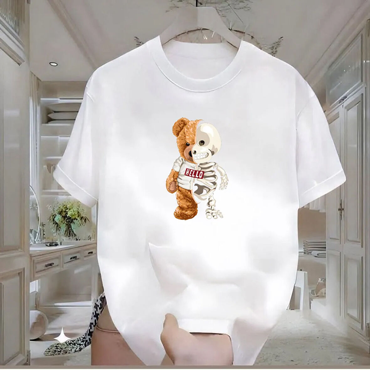 Skeleton Bear Baskılı Beyaz Oversize Erkek Tshirt