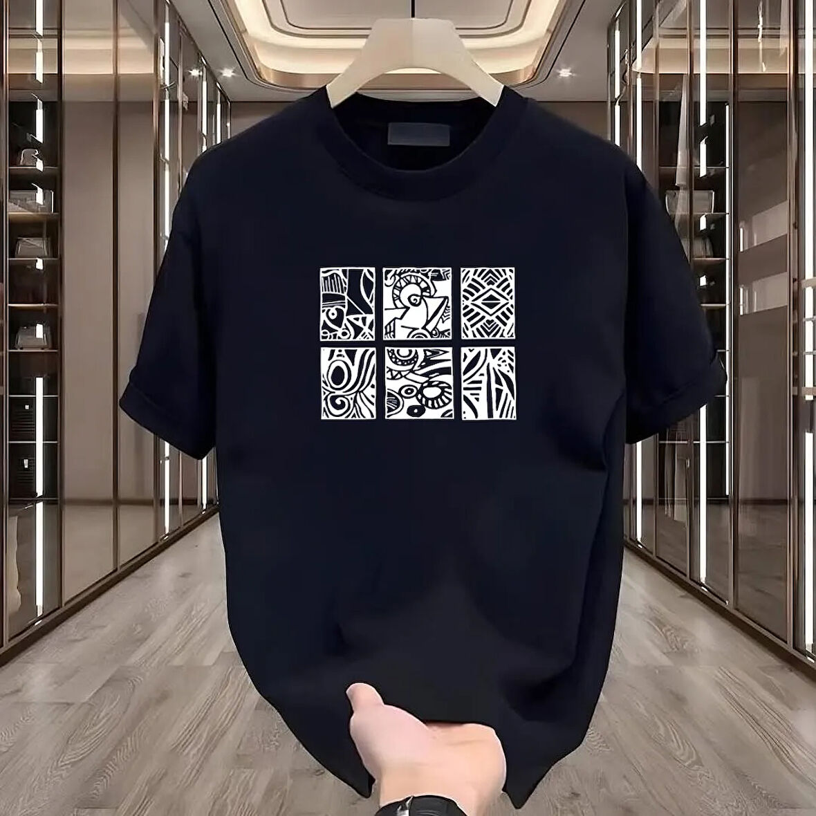 Etnik Desen Baskılı Siyah Oversize Erkek Tshirt