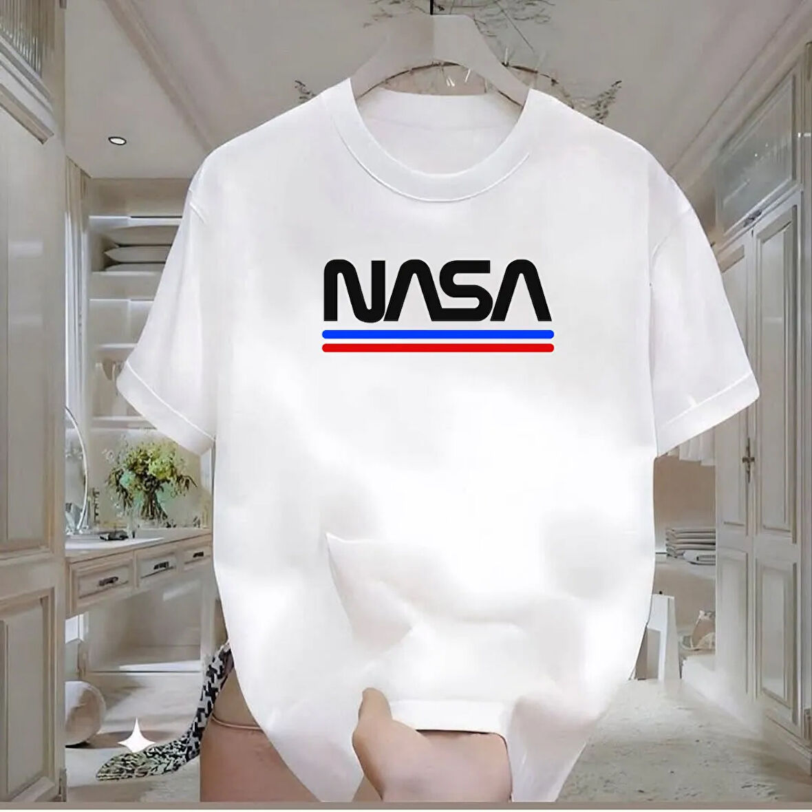 Nasa Baskılı Beyaz Oversize Erkek Tshirt