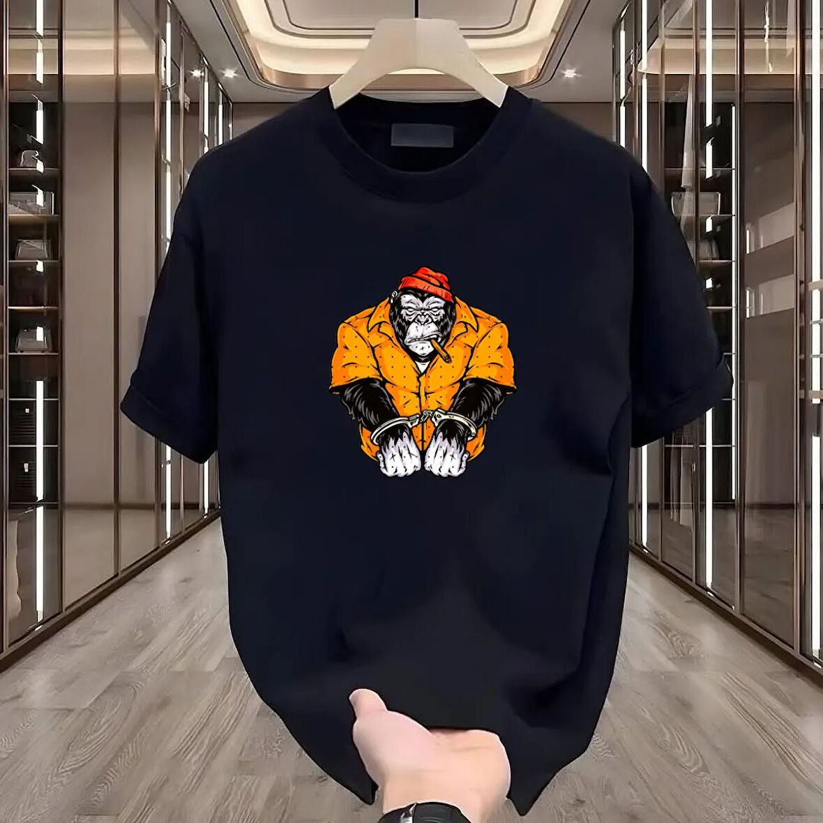 Goril Baskılı Siyah Oversize Erkek Tshirt