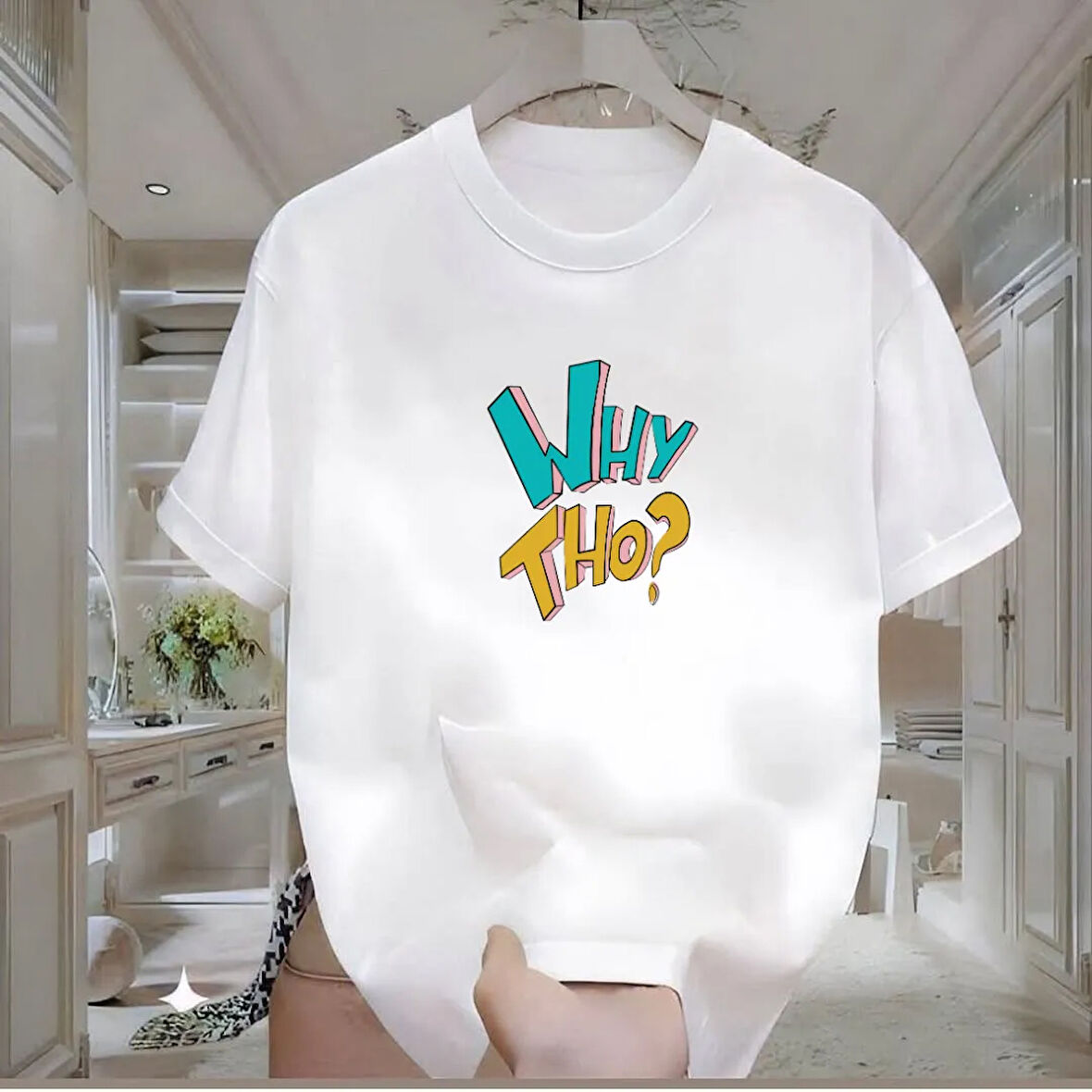 Why Tho Baskılı Beyaz Oversize Erkek Tshirt
