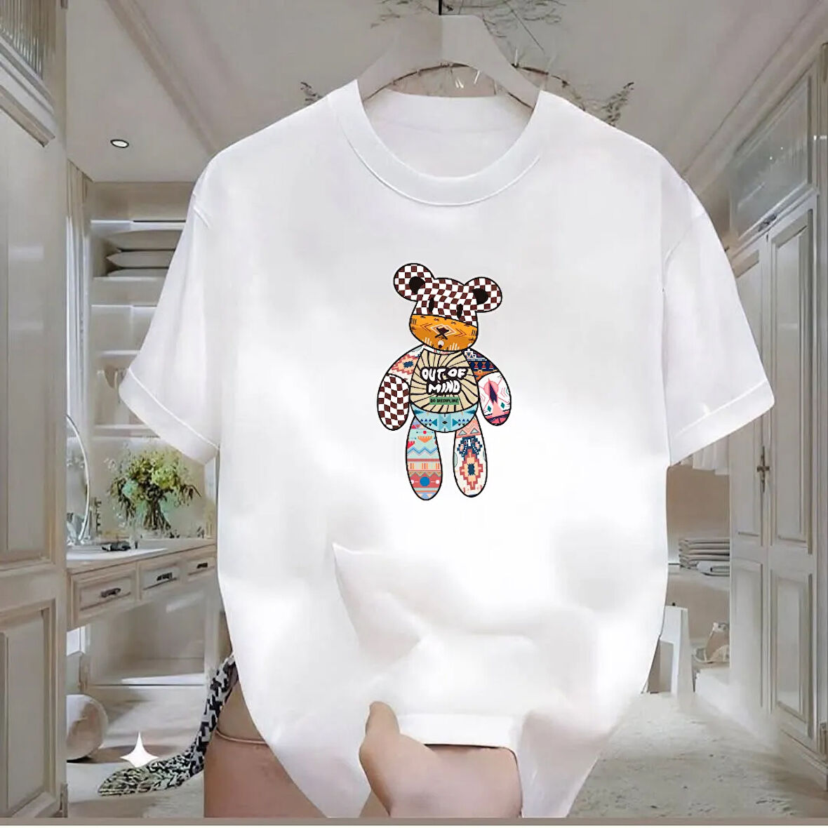 Mind Bear Baskılı Beyaz Oversize Erkek Tshirt