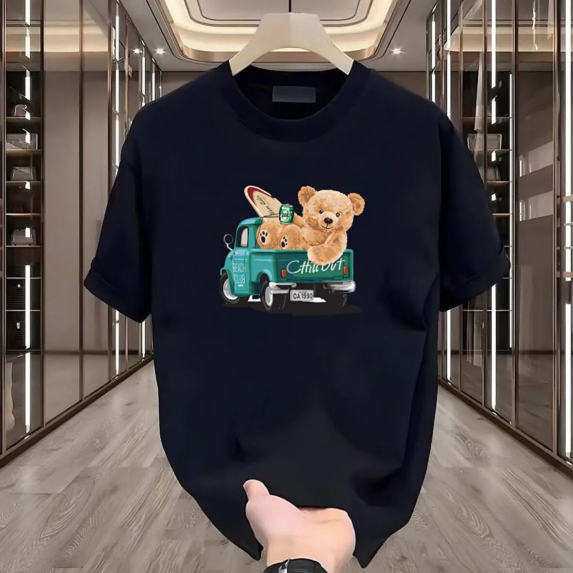 Surf Bear Baskılı Siyah Oversize Erkek Tshirt