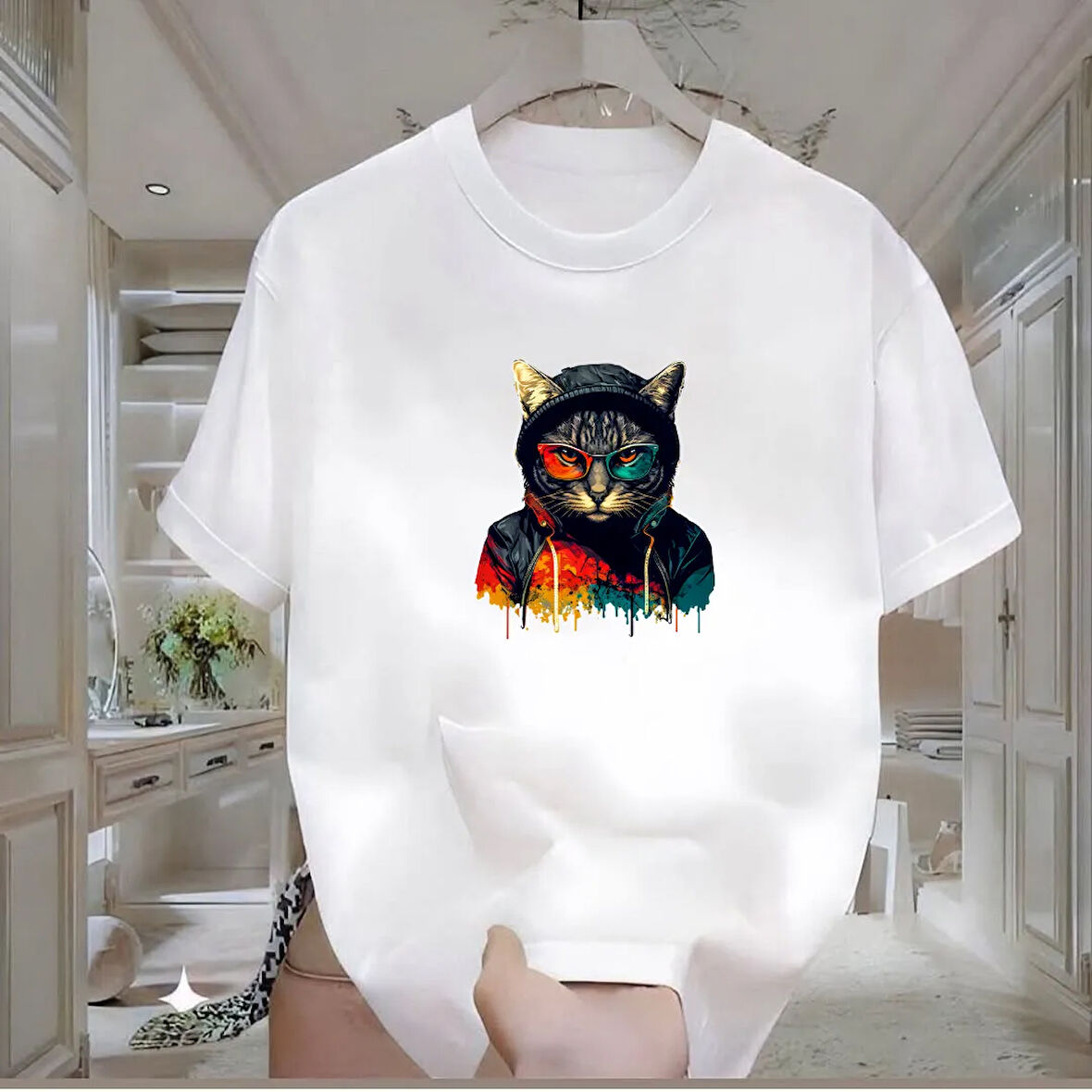 Black Cat Baskılı Beyaz Oversize Erkek Tshirt