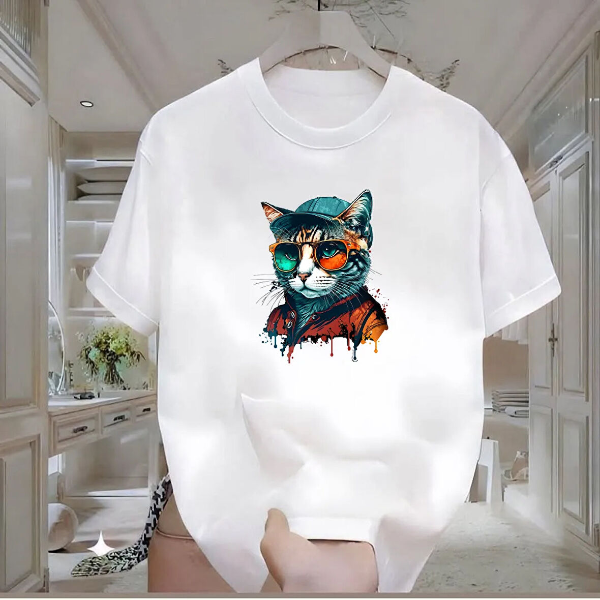 Cool Cat Baskılı Beyaz Oversize Erkek Tshirt