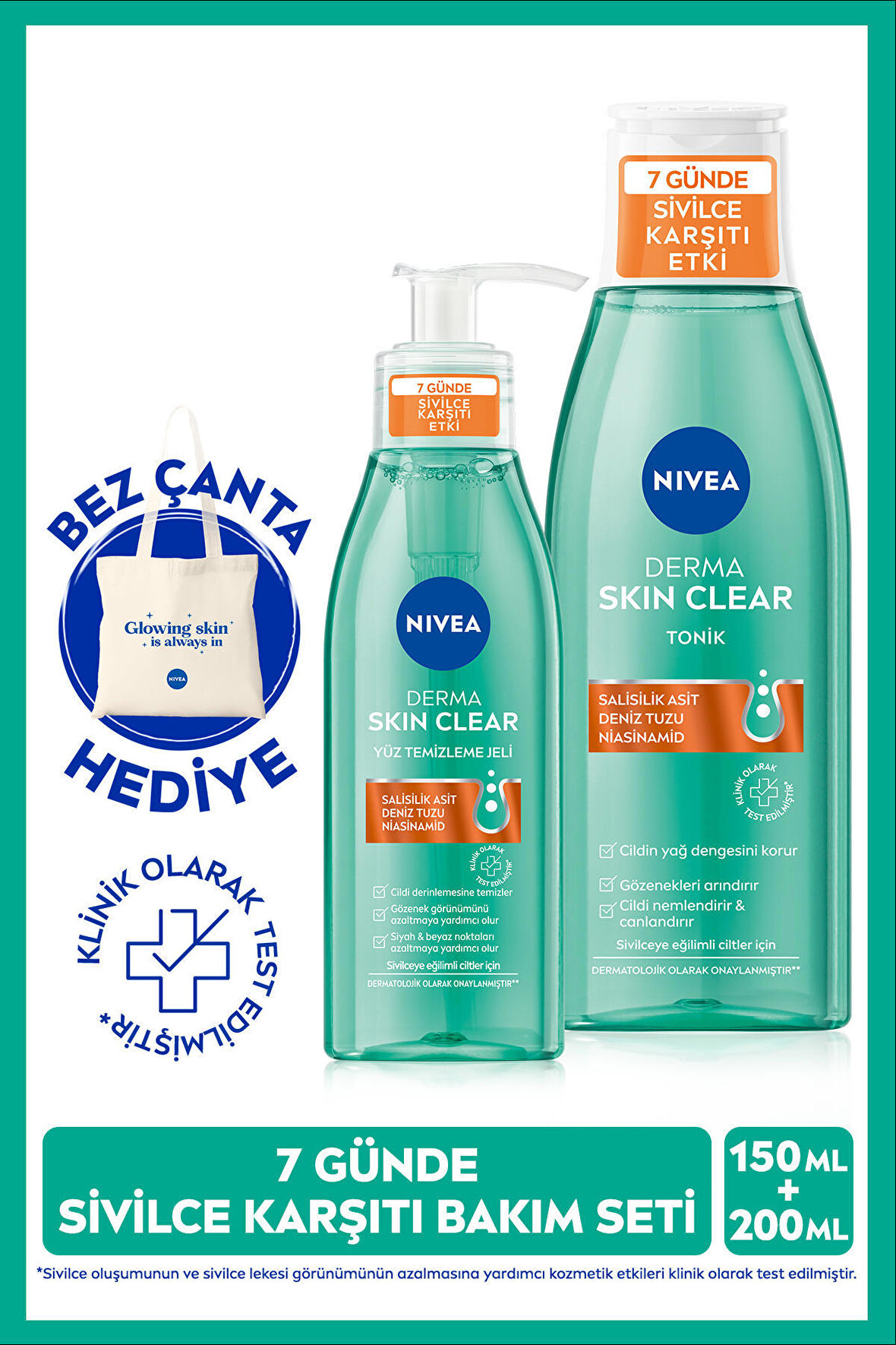 Nivea Derma Skin Clear Sivilce Karşıtı Yüz Temizleme Jeli 150ml ve Nemlendirici Tonik 200ml, Yağlı Ciltler