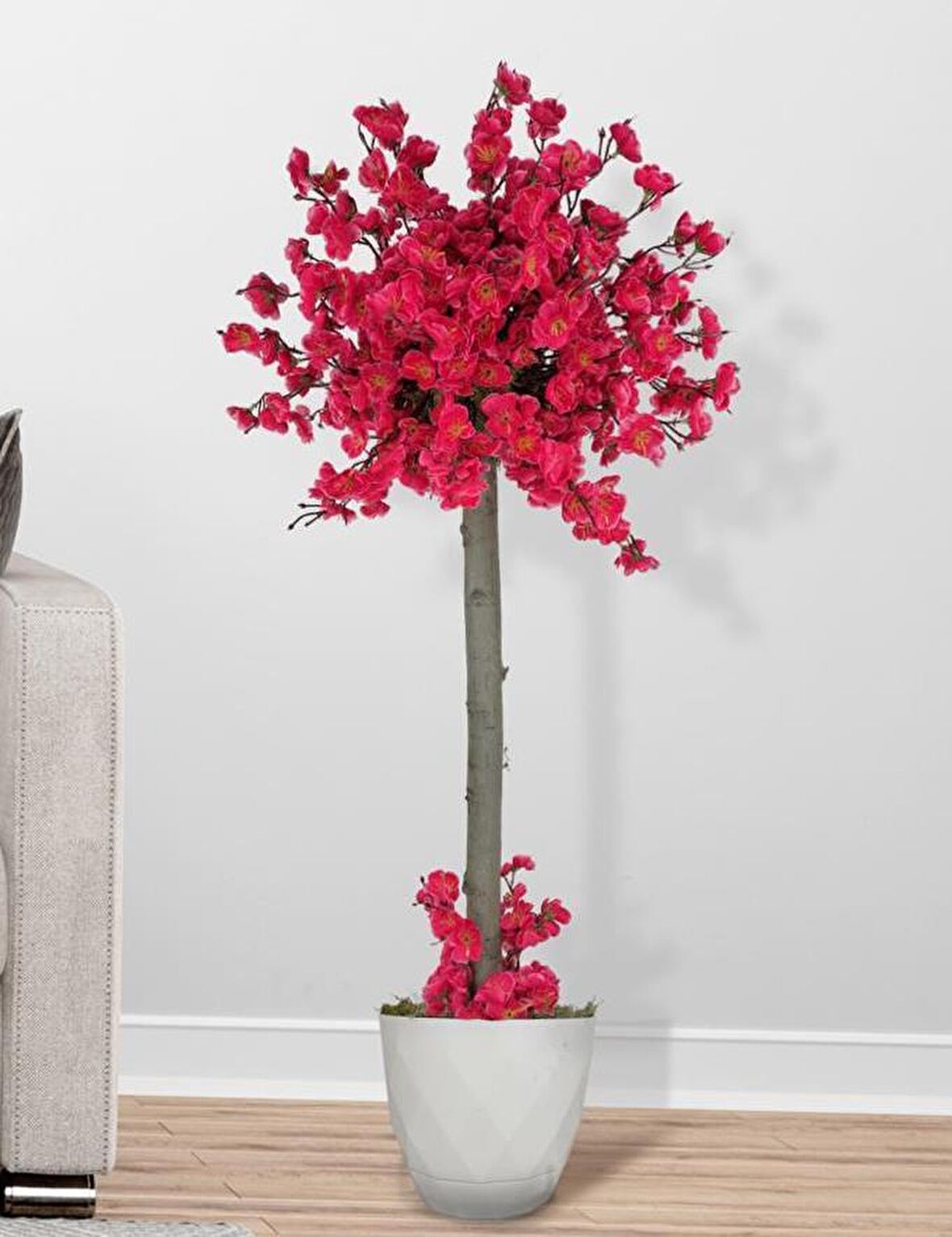 Yapay Ağaç Fuşya Bahar Dalı Japon Kiraz Çiçeği Beyaz Saksılı 90cm