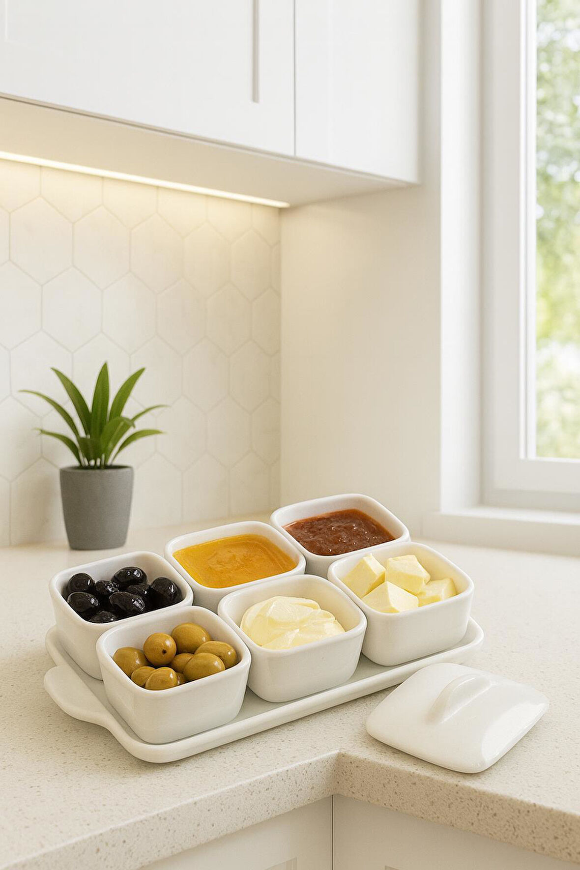 6'lı Tepsili Lüks Kahvaltılık Sosluk Reçellik ve Çerezlik Seti Takımı - Tepsili Kapaklı Lüks Kahvaltı Sunum Seti