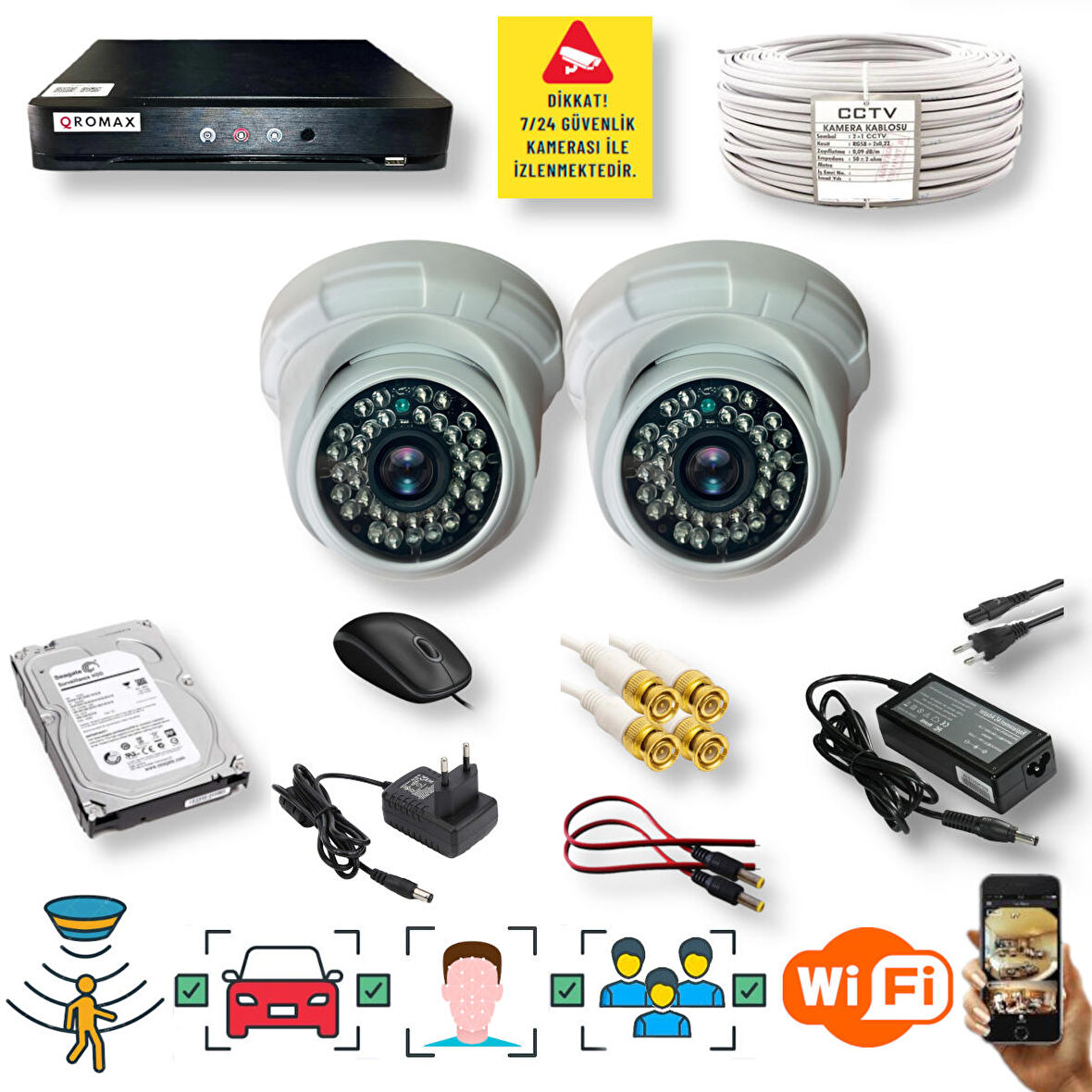 2 Kameralı Set - Araç İnsan Yüz Hareket Algılayan Gece Görüşlü 36 IR Led 5MP Sony Lensli 1080P Dome Güvenlik Kamerası Seti D136b-1