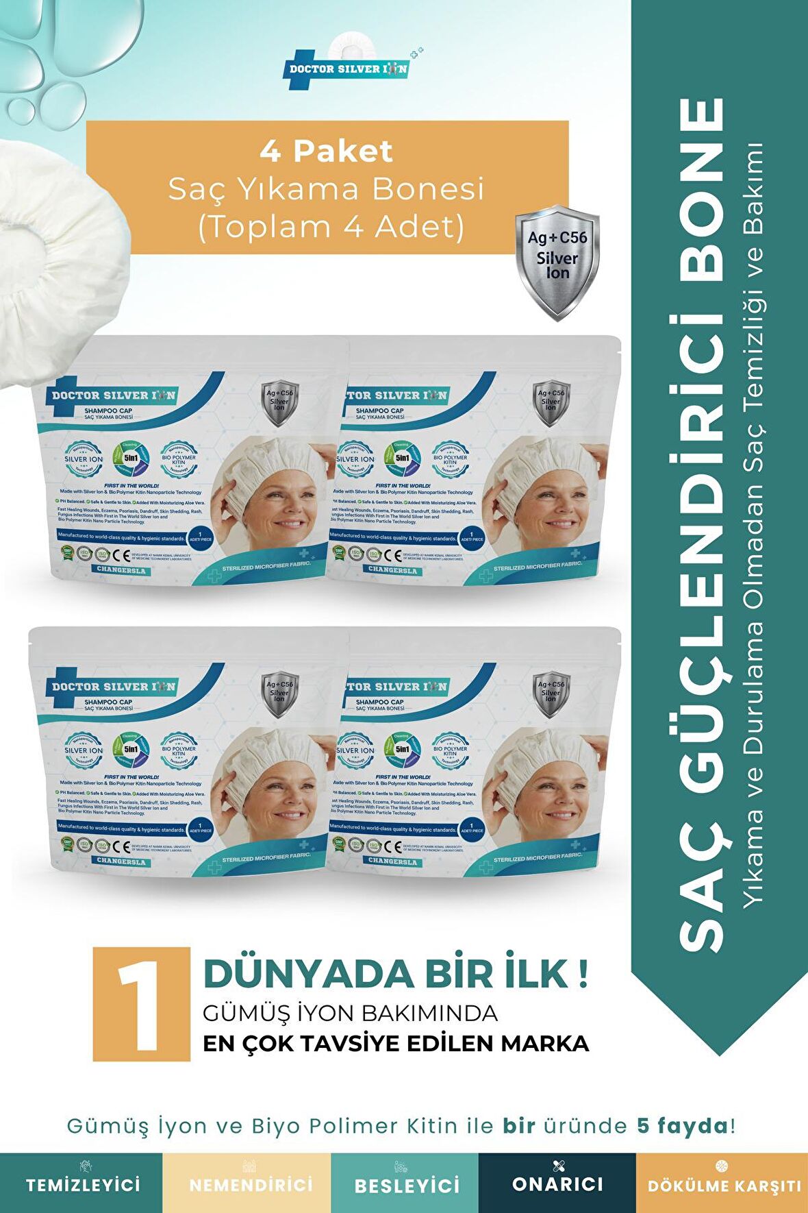 Gümüş İyonlu Saç Yıkama Bonesi 4’lü – Durulama Gerektirmez, Hasta Ve Yatalak Hasta Bakım Ürünü