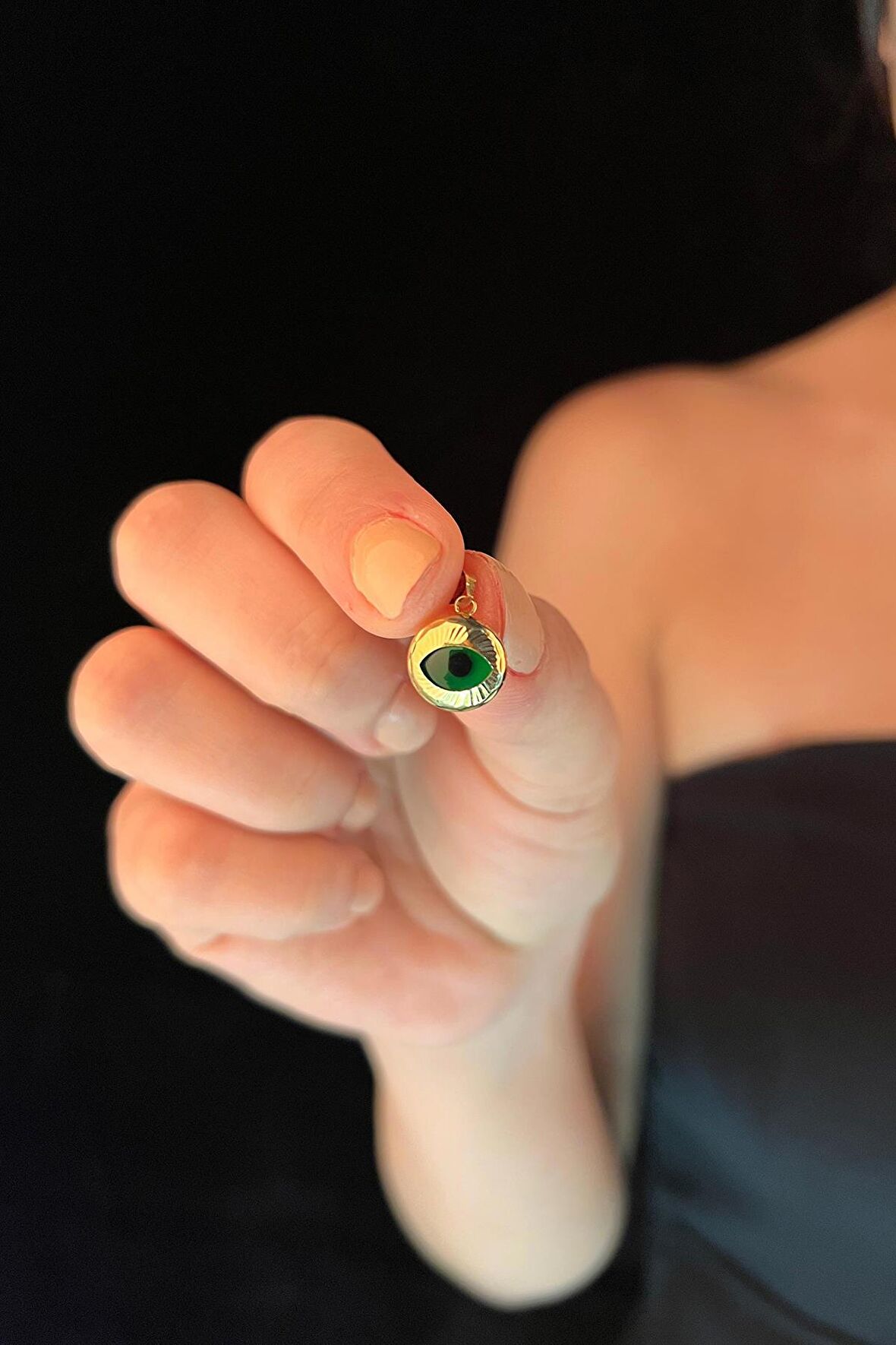 14 Ayar Altın Kalemli Mini Yeşil Göz Kolye Ucu