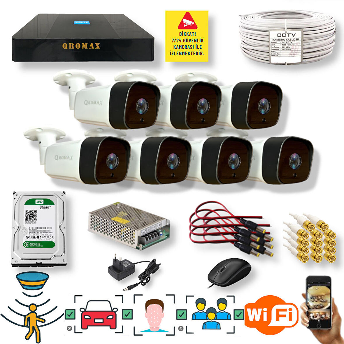 7 Kameralı Set - Araç İnsan Yüz Hareket Algılayan 36 IR Led 5MP Sony Lensli 1080P Metal Kasa Güvenlik Kamerası Seti 5236