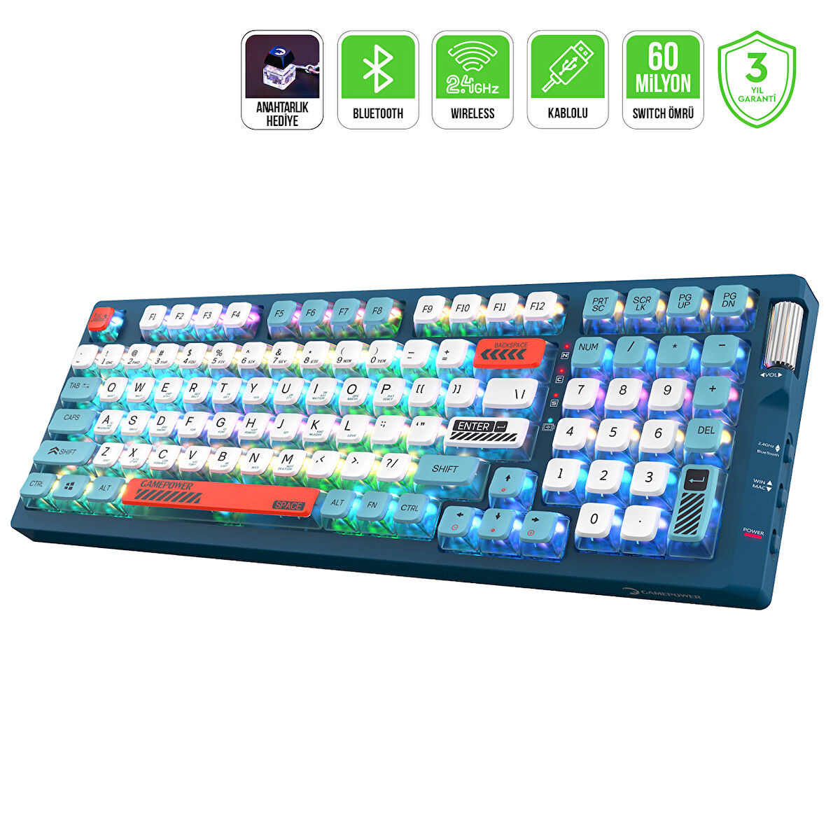 GamePower Sense RGB Wireless/Bluetooth/Kablolu Mekanik Red Switch İngilizce Q Gaming Klavye