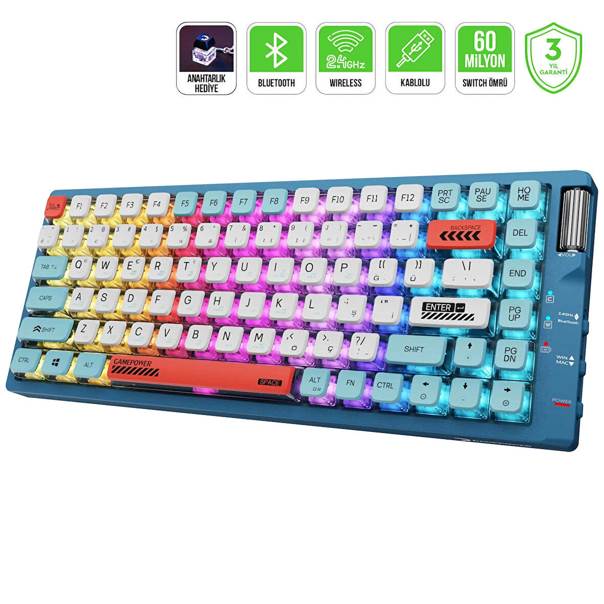 GamePower Sense TKL RGB Wireless/Bluetooth/Kablolu Mekanik Red Switch Gaming Klavye - 3 Yıl Garantili